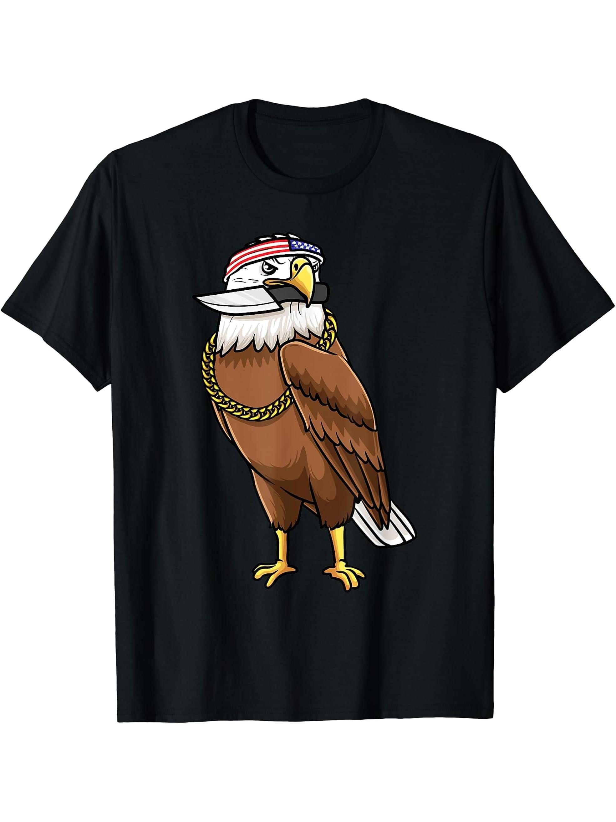 Bald Eagle Bird With Headband And Knife Birding Birder T-Shirt 180G 100% Cotton Printed Round Neck Short-Sleeve T-Shirt, Gifts for Men Dad Husband Grandpa, S-XXXL, Black