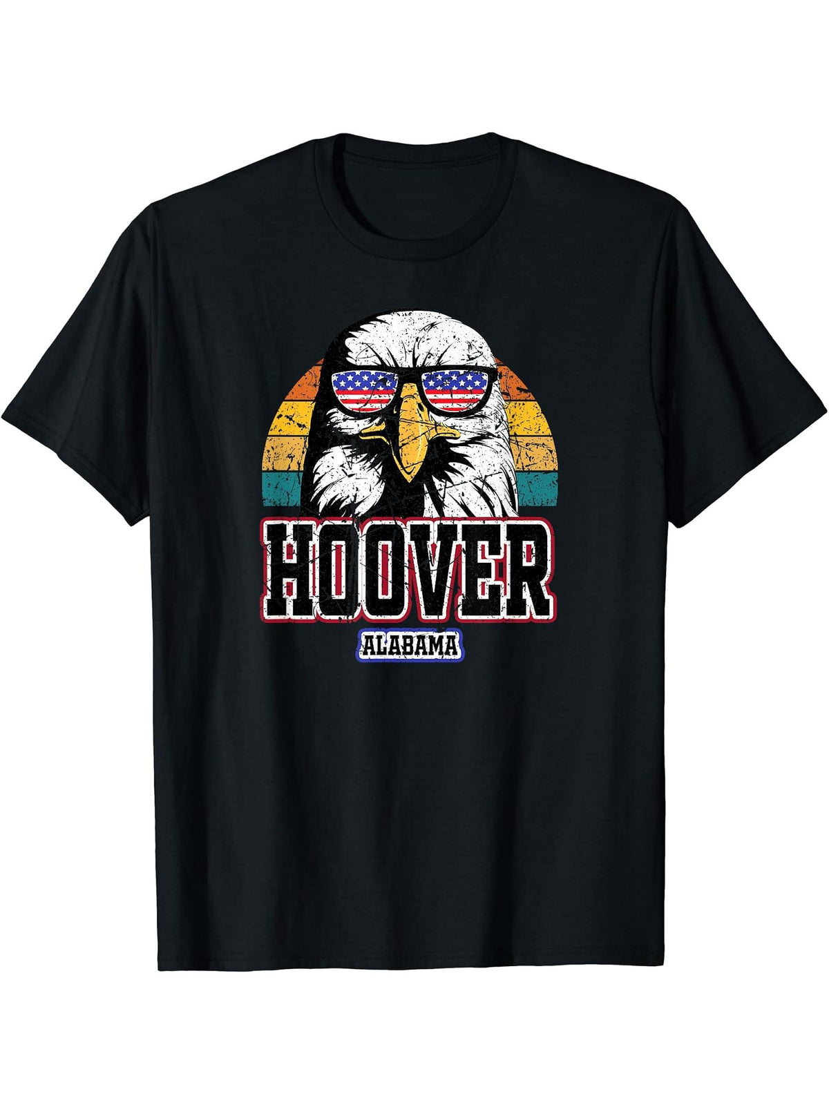 Hoover Alabama Bald Eagle USA America 4th of July Grunge T-Shirt 180G 100% Cotton Printed Round Neck Short-Sleeve T-Shirt, Gifts for Men Dad Husband Grandpa, S-XXXL, Black