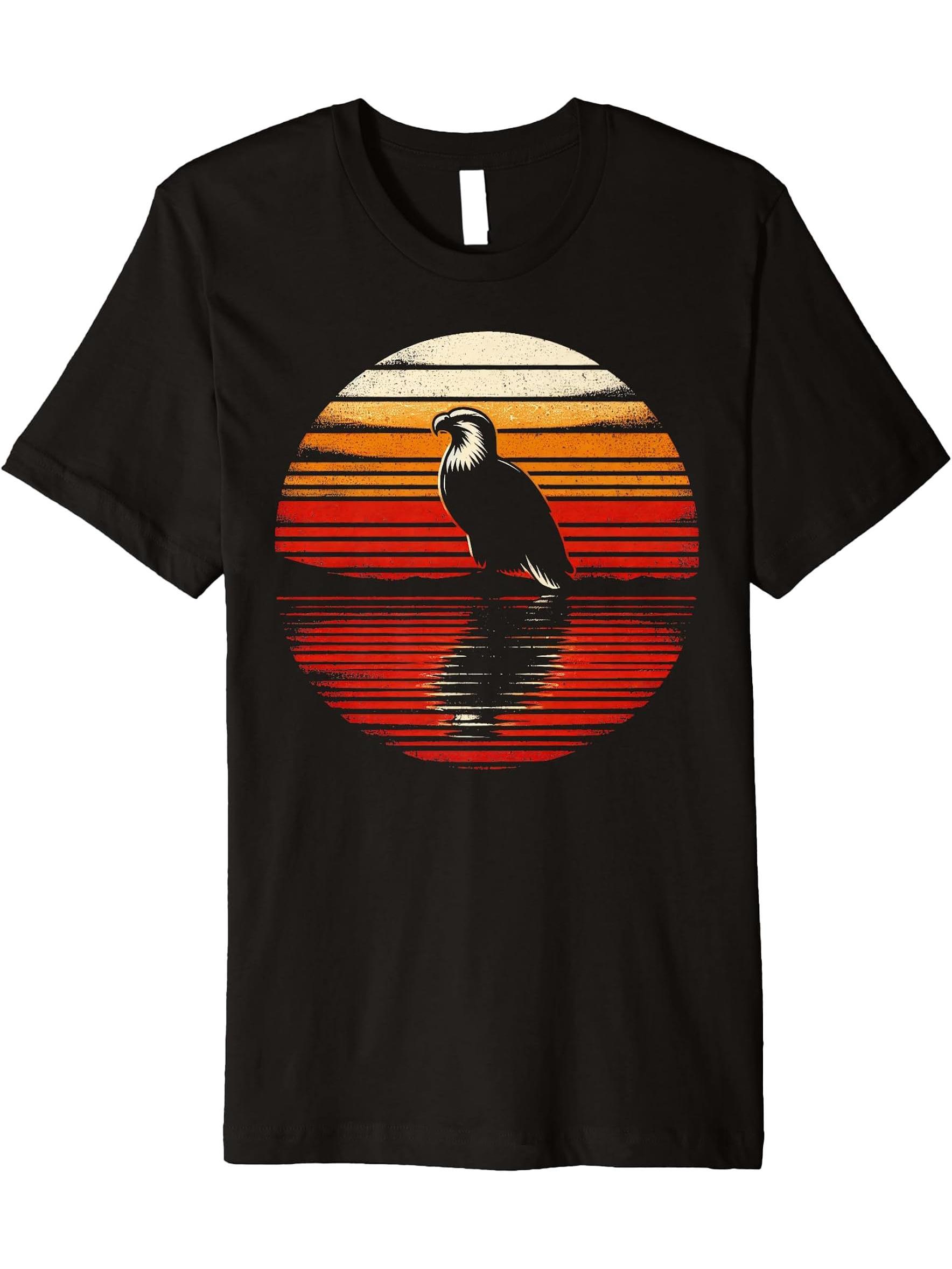 Bald Eagle Bird Sunset Retro Style Safari Vintage 70s Premium T-Shirt 180G 100% Cotton Printed Round Neck Short-Sleeve T-Shirt, Gifts for Men Dad Husband Grandpa, S-XXXL, Black