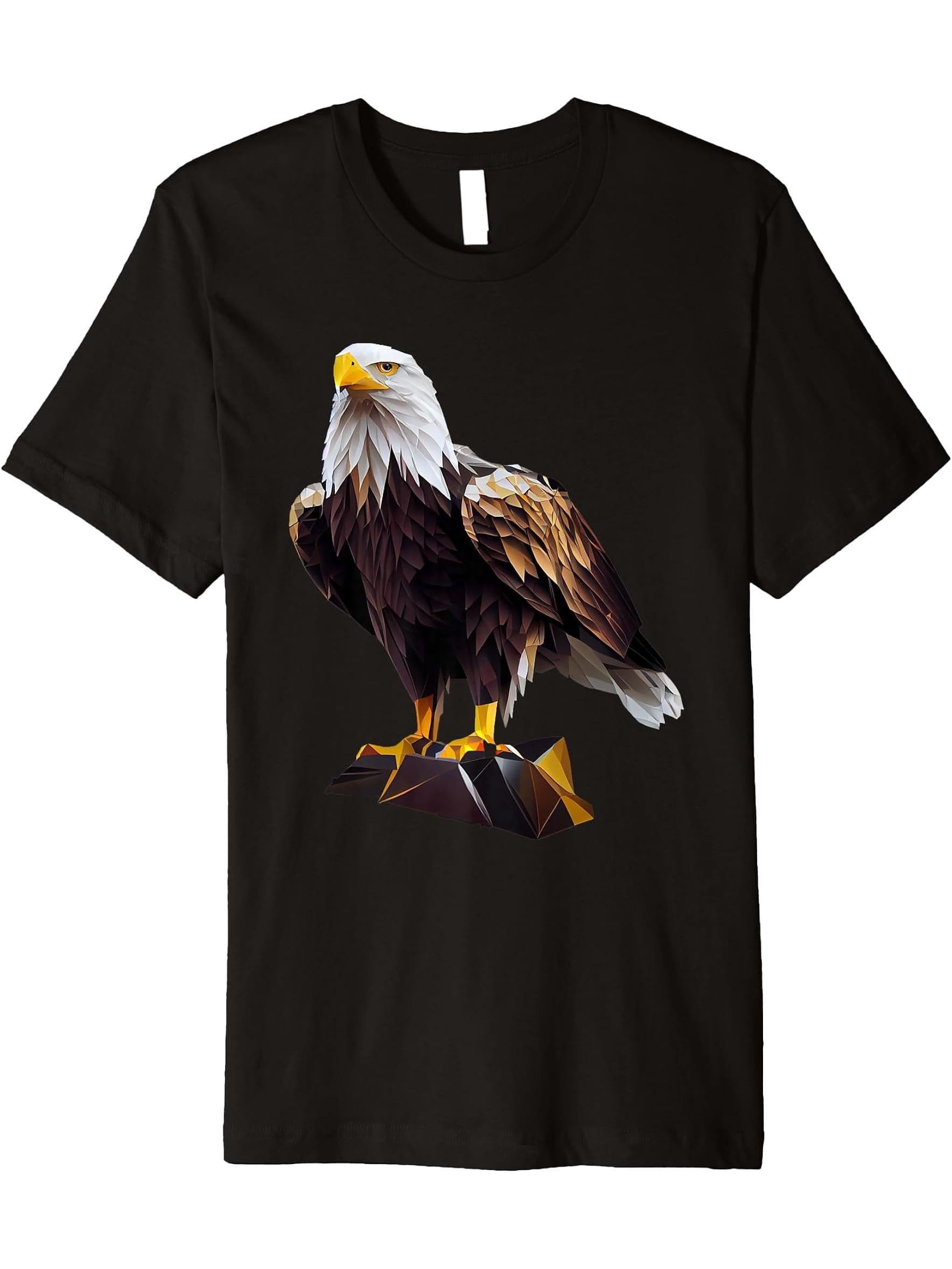 Bald Eagles Cool Polygon Design with a Bald Eagle Premium T-Shirt 180G 100% Cotton Printed Round Neck Short-Sleeve T-Shirt, Gifts for Men Dad Husband Grandpa, S-XXXL, Black
