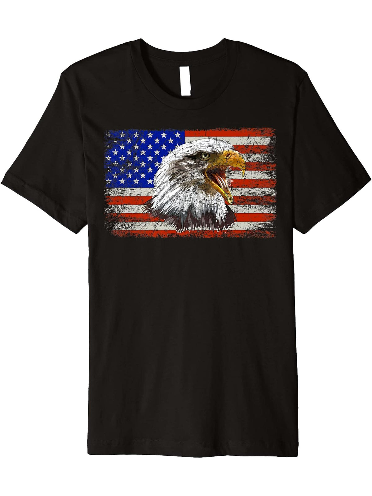 Bald Eagle Eyes American USA Flag Patriotic Premium T-Shirt 180G 100% Cotton Printed Round Neck Short-Sleeve T-Shirt, Gifts for Men Dad Husband Grandpa, S-XXXL, Black