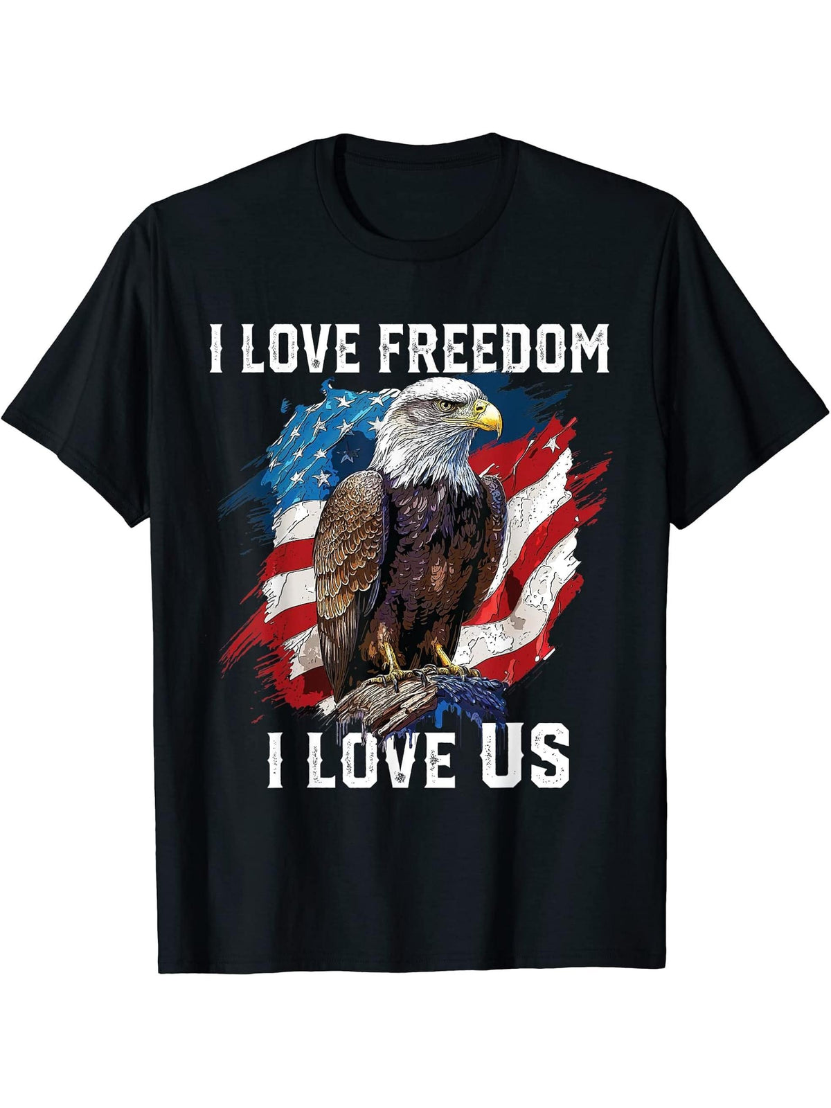 I Love Freedom I Love US American Bald Eagle America T-Shirt 180G 100% Cotton Printed Round Neck Short-Sleeve T-Shirt, Gifts for Men Dad Husband Grandpa, S-XXXL, Black
