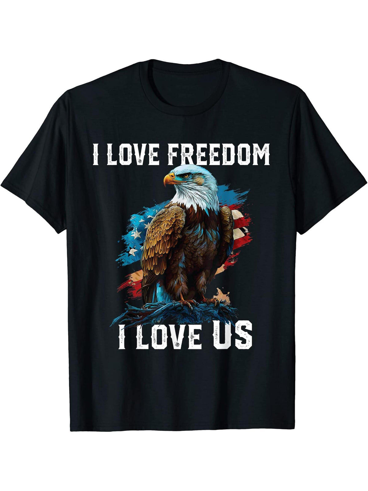 I Love Freedom I Love US American Bald Eagle America T-Shirt 180G 100% Cotton Printed Round Neck Short-Sleeve T-Shirt, Gifts for Men Dad Husband Grandpa, S-XXXL, Black