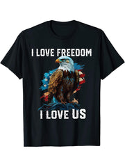 I Love Freedom I Love US American Bald Eagle America T-Shirt 180G 100% Cotton Printed Round Neck Short-Sleeve T-Shirt, Gifts for Men Dad Husband Grandpa, S-XXXL, Black