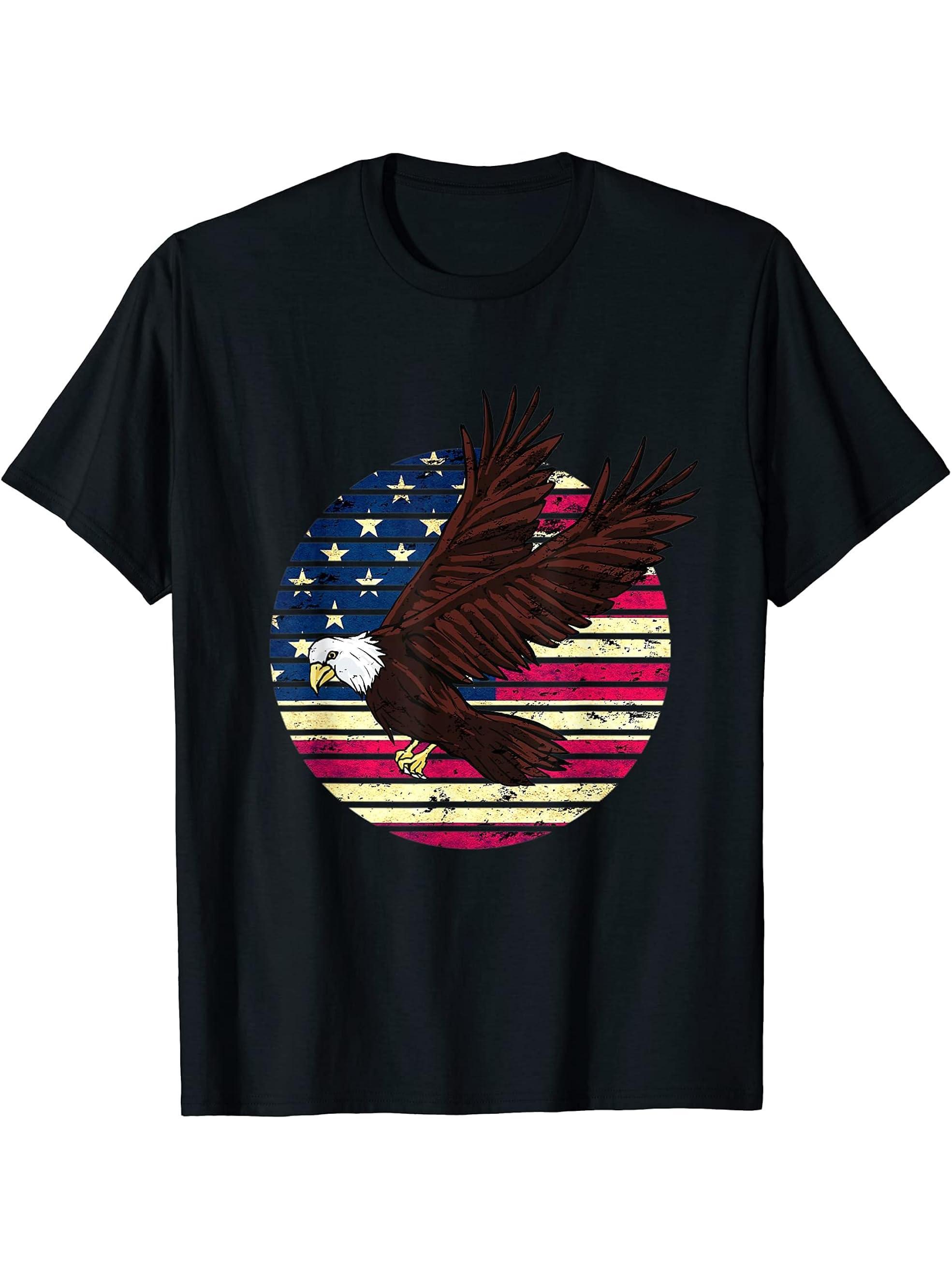 I Am a Proud American Flag Patriotic Retro Sunset Bald Eagle T-Shirt 180G 100% Cotton Printed Round Neck Short-Sleeve T-Shirt, Gifts for Men Dad Husband Grandpa, S-XXXL, Black
