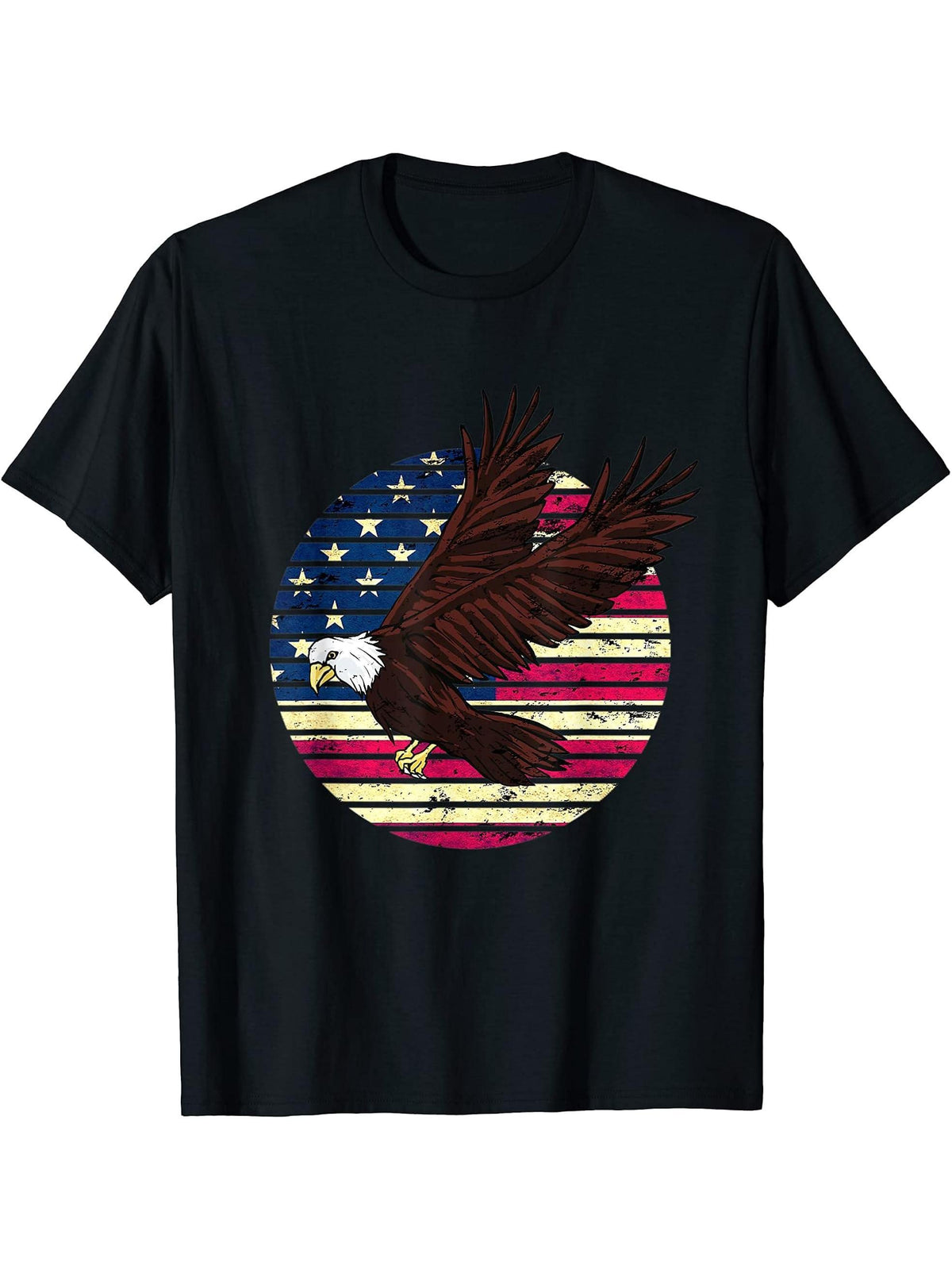 I Am a Proud American Flag Patriotic Retro Sunset Bald Eagle T-Shirt 180G 100% Cotton Printed Round Neck Short-Sleeve T-Shirt, Gifts for Men Dad Husband Grandpa, S-XXXL, Black