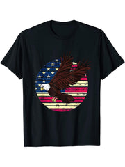 I Am a Proud American Flag Patriotic Retro Sunset Bald Eagle T-Shirt 180G 100% Cotton Printed Round Neck Short-Sleeve T-Shirt, Gifts for Men Dad Husband Grandpa, S-XXXL, Black