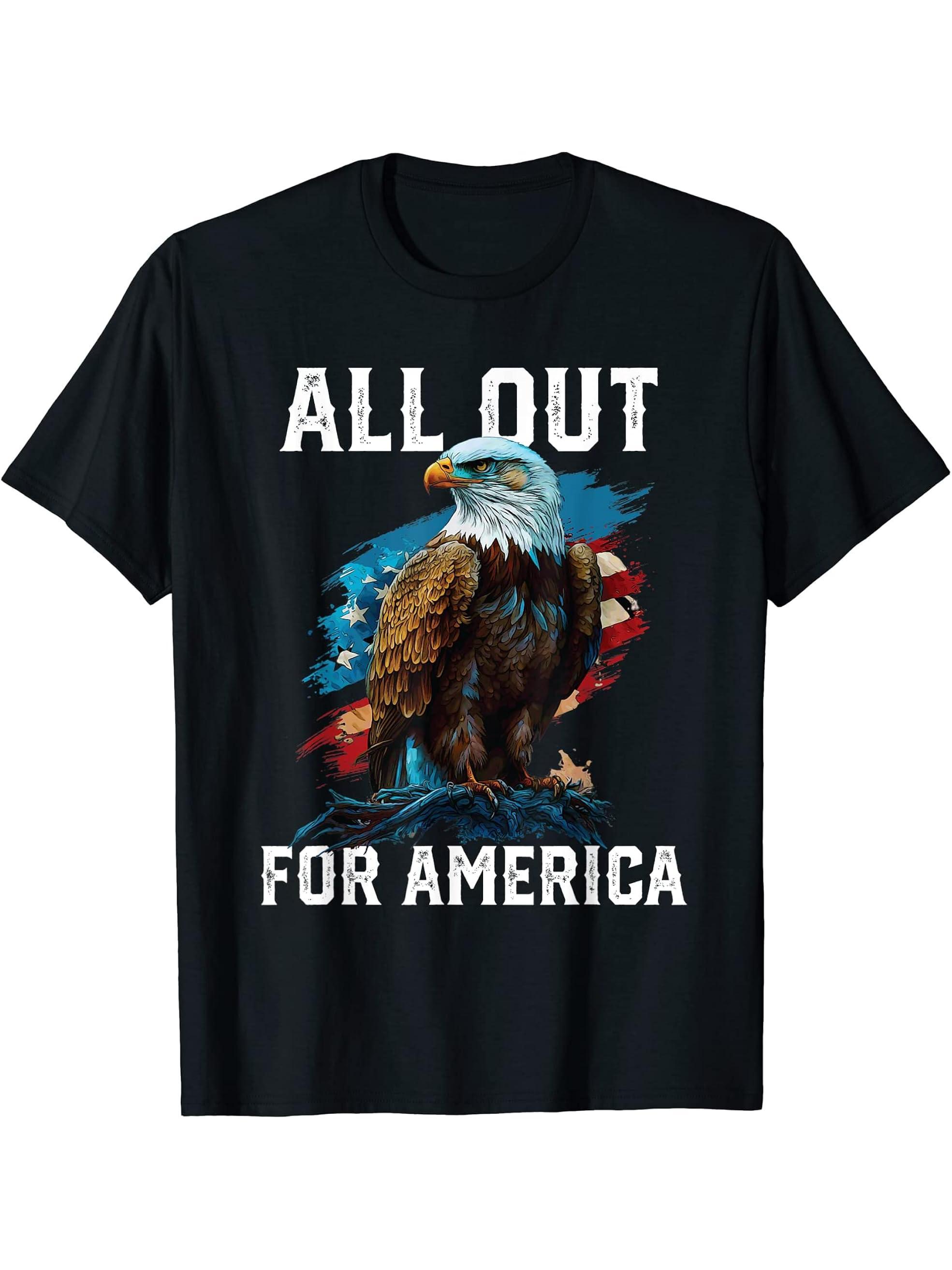 All Out for America American Bald Eagle America Patriotic T-Shirt 180G 100% Cotton Printed Round Neck Short-Sleeve T-Shirt, Gifts for Men Dad Husband Grandpa, S-XXXL, Black