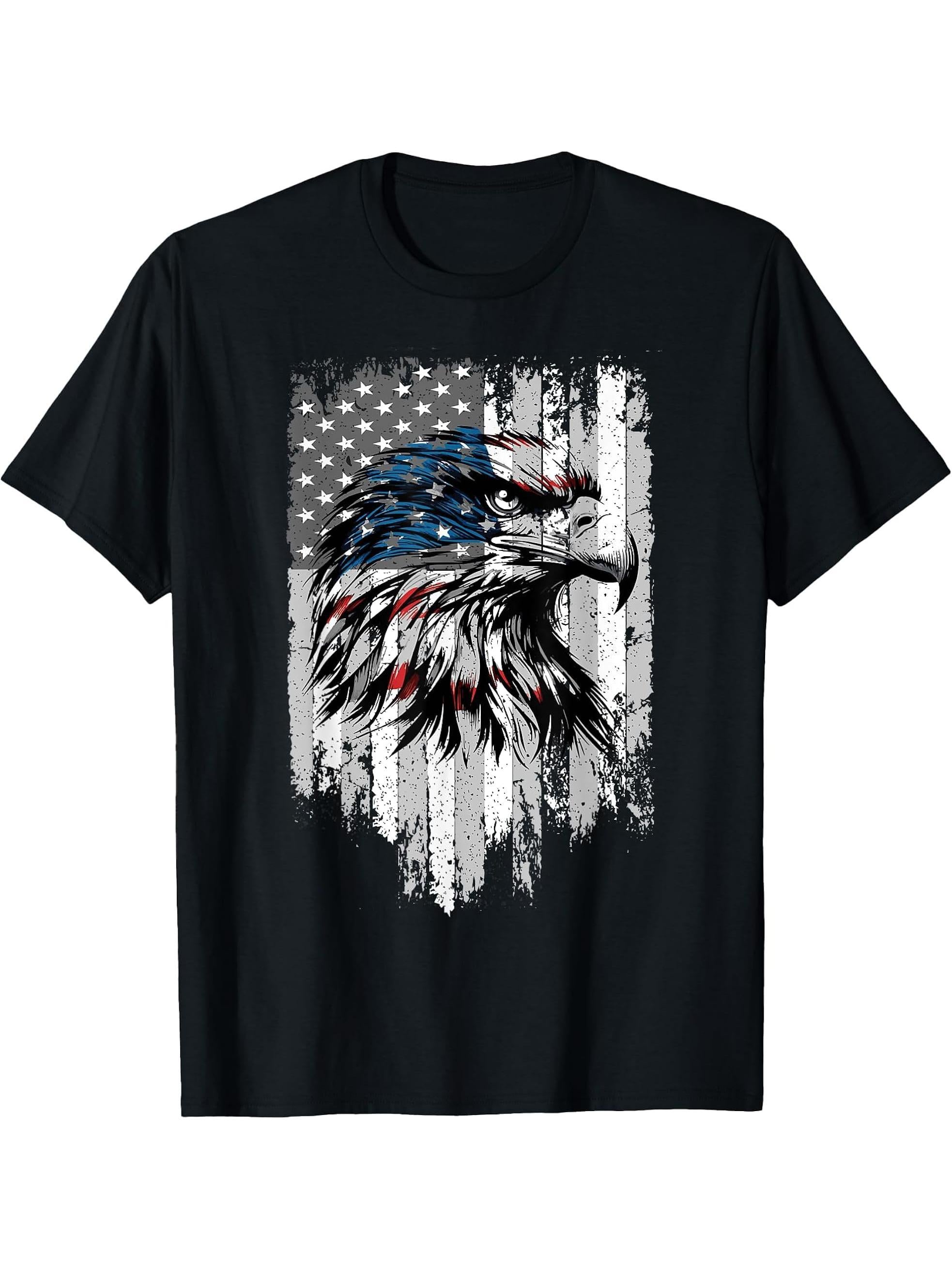 American Flag Bald Eagle Patriotic Red, White & Blue Design T-Shirt 180G 100% Cotton Printed Round Neck Short-Sleeve T-Shirt, Gifts for Men Dad Husband Grandpa, S-XXXL, Black
