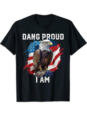 Dang Proud I Am American Bald Eagle America 4th Of July T-Shirt 180G 100% Cotton Printed Round Neck Short-Sleeve T-Shirt, Gifts for Men Dad Husband Grandpa, S-XXXL, Black
