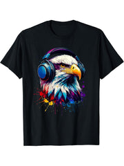Colorful Splash Art Headphones Bald Eagle Bald Eagles T-Shirt 180G 100% Cotton Printed Round Neck Short-Sleeve T-Shirt, Gifts for Men Dad Husband Grandpa, S-XXXL, Black