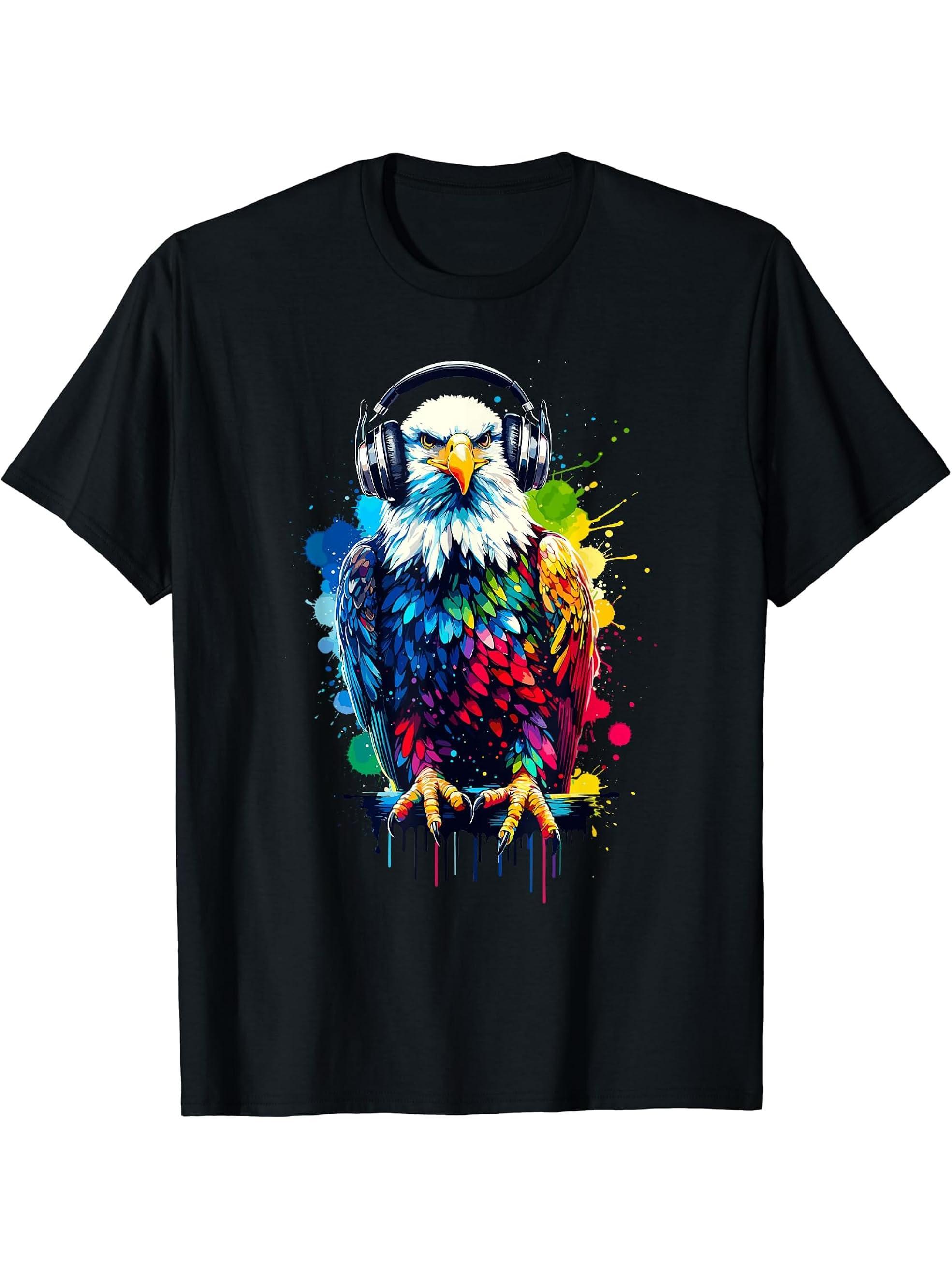 Colorful Splash Art Headphones Bald Eagle Bald Eagles T-Shirt 180G 100% Cotton Printed Round Neck Short-Sleeve T-Shirt, Gifts for Men Dad Husband Grandpa, S-XXXL, Black