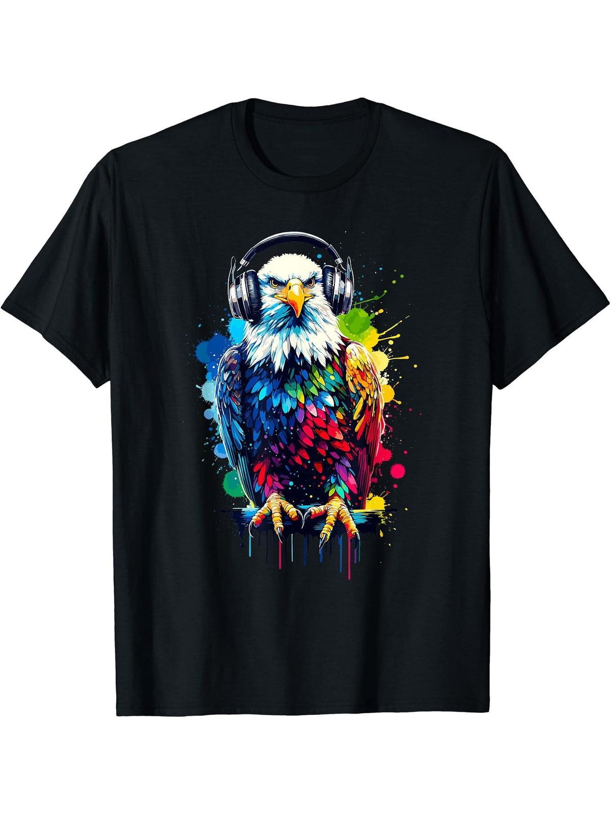 Colorful Splash Art Headphones Bald Eagle Bald Eagles T-Shirt 180G 100% Cotton Printed Round Neck Short-Sleeve T-Shirt, Gifts for Men Dad Husband Grandpa, S-XXXL, Black