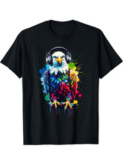 Colorful Splash Art Headphones Bald Eagle Bald Eagles T-Shirt 180G 100% Cotton Printed Round Neck Short-Sleeve T-Shirt, Gifts for Men Dad Husband Grandpa, S-XXXL, Black
