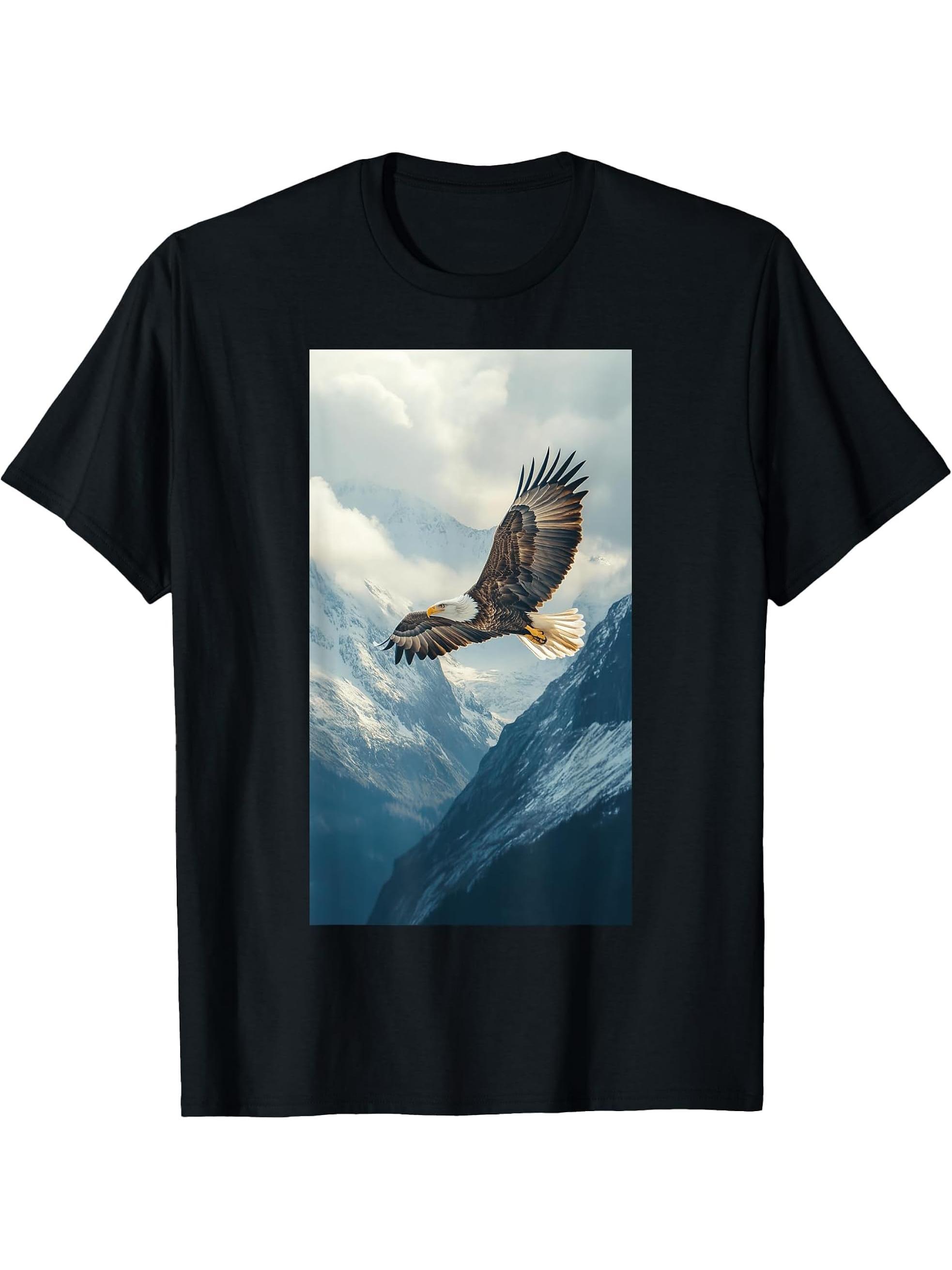 Bald Eagle Mountain Wildlife Nature lover T-Shirt 180G 100% Cotton Printed Round Neck Short-Sleeve T-Shirt, Gifts for Men Dad Husband Grandpa, S-XXXL, Black
