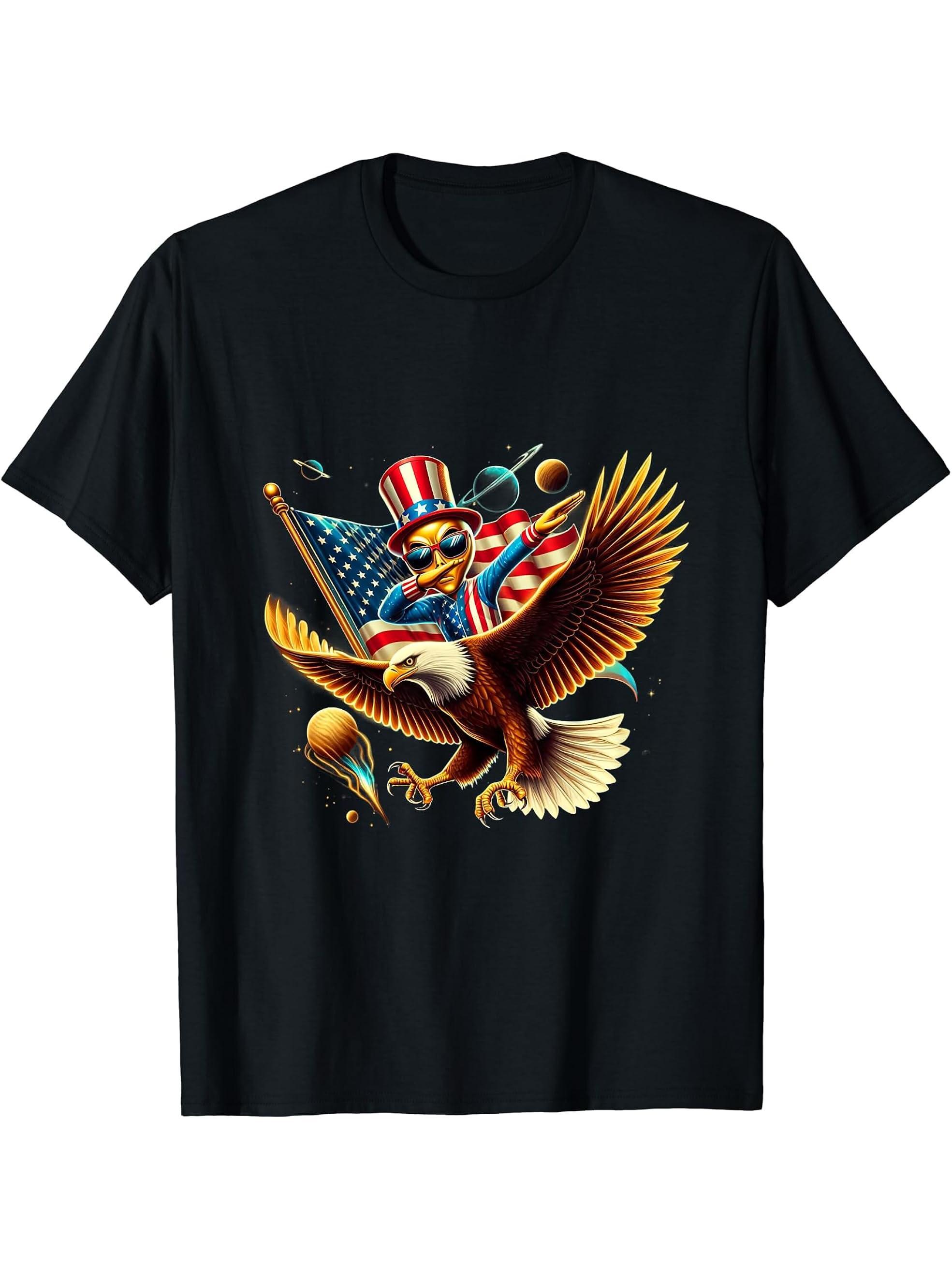 Dabing Alien Space Bald Eagle American Flag 4th Of July T-Shirt 180G 100% Cotton Printed Round Neck Short-Sleeve T-Shirt, Gifts for Men Dad Husband Grandpa, S-XXXL, Black