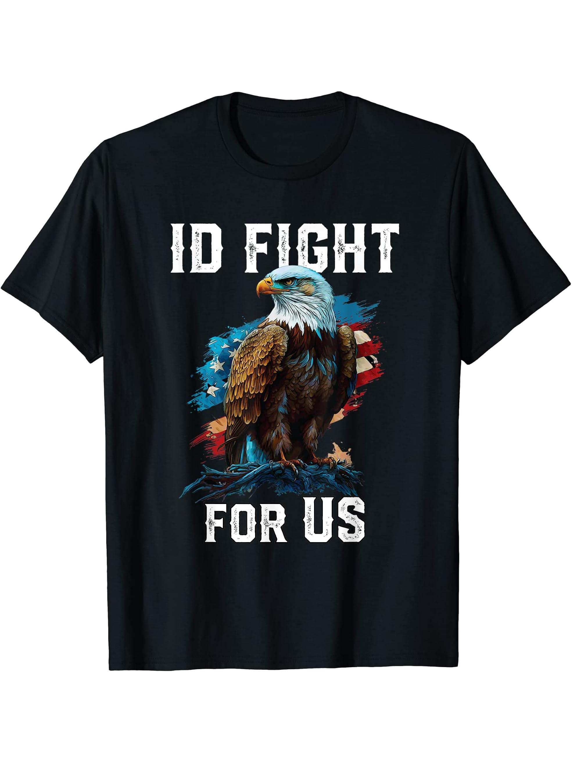 I'd Fight for US American Bald Eagle America USA Flag T-Shirt 180G 100% Cotton Printed Round Neck Short-Sleeve T-Shirt, Gifts for Men Dad Husband Grandpa, S-XXXL, Black