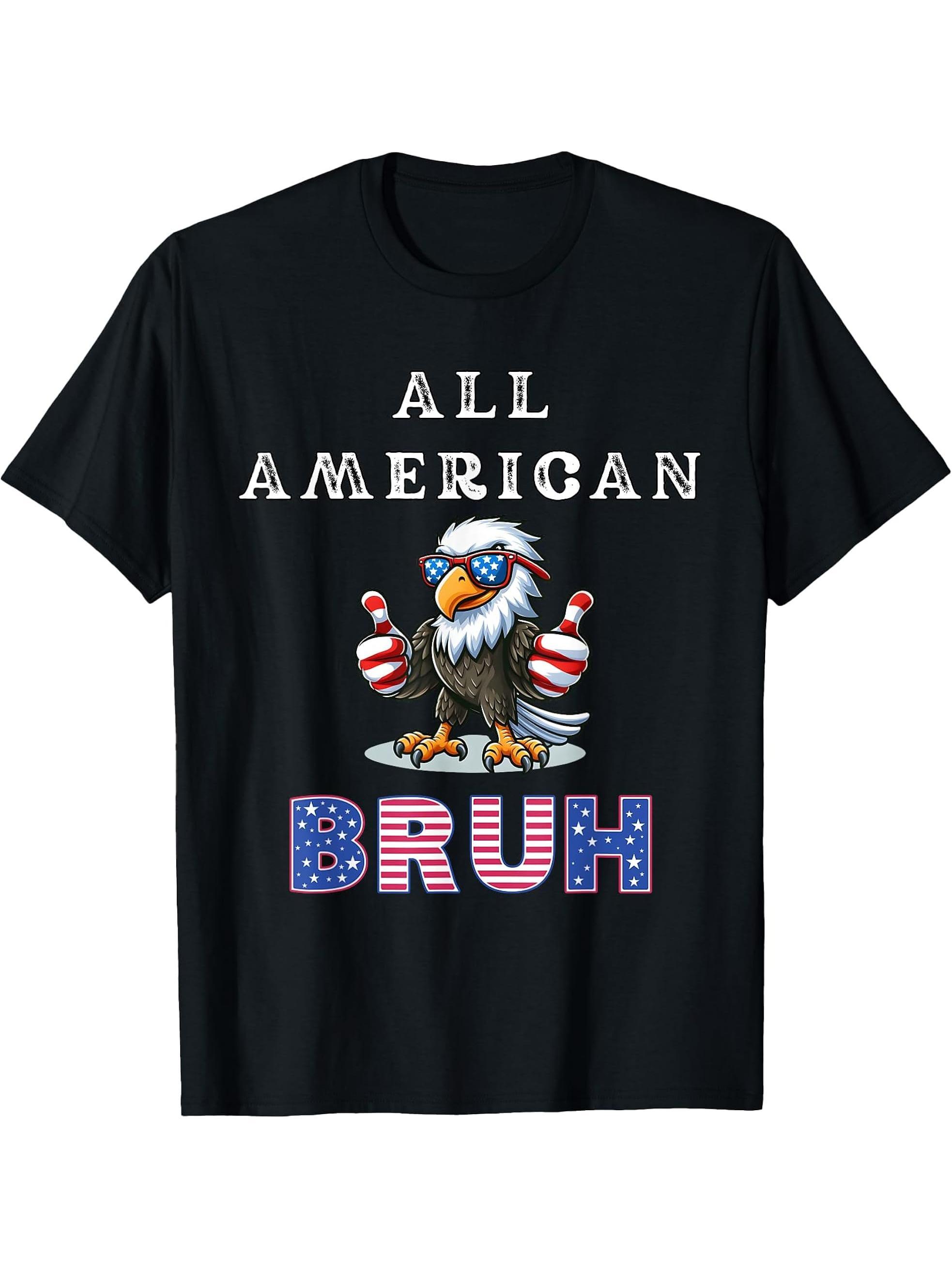 All American Bruh 4th Of July, Patriotic Bald Eagle Bruh T-Shirt 180G 100% Cotton Printed Round Neck Short-Sleeve T-Shirt, Gifts for Men Dad Husband Grandpa, S-XXXL, Black