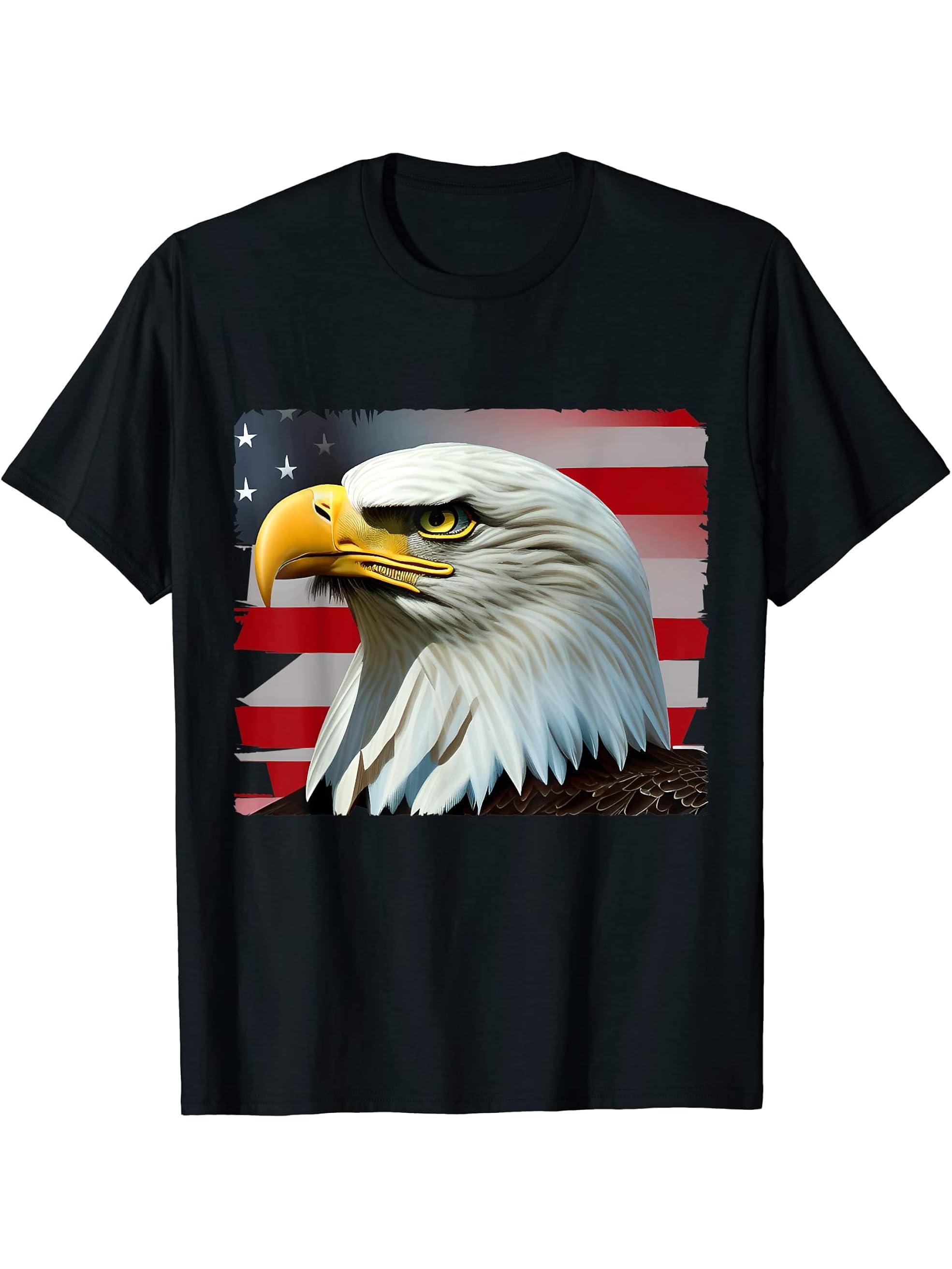 American Bald Eagle Had On USA Flag 4th of July T-Shirt 180G 100% Cotton Printed Round Neck Short-Sleeve T-Shirt, Gifts for Men Dad Husband Grandpa, S-XXXL, Black