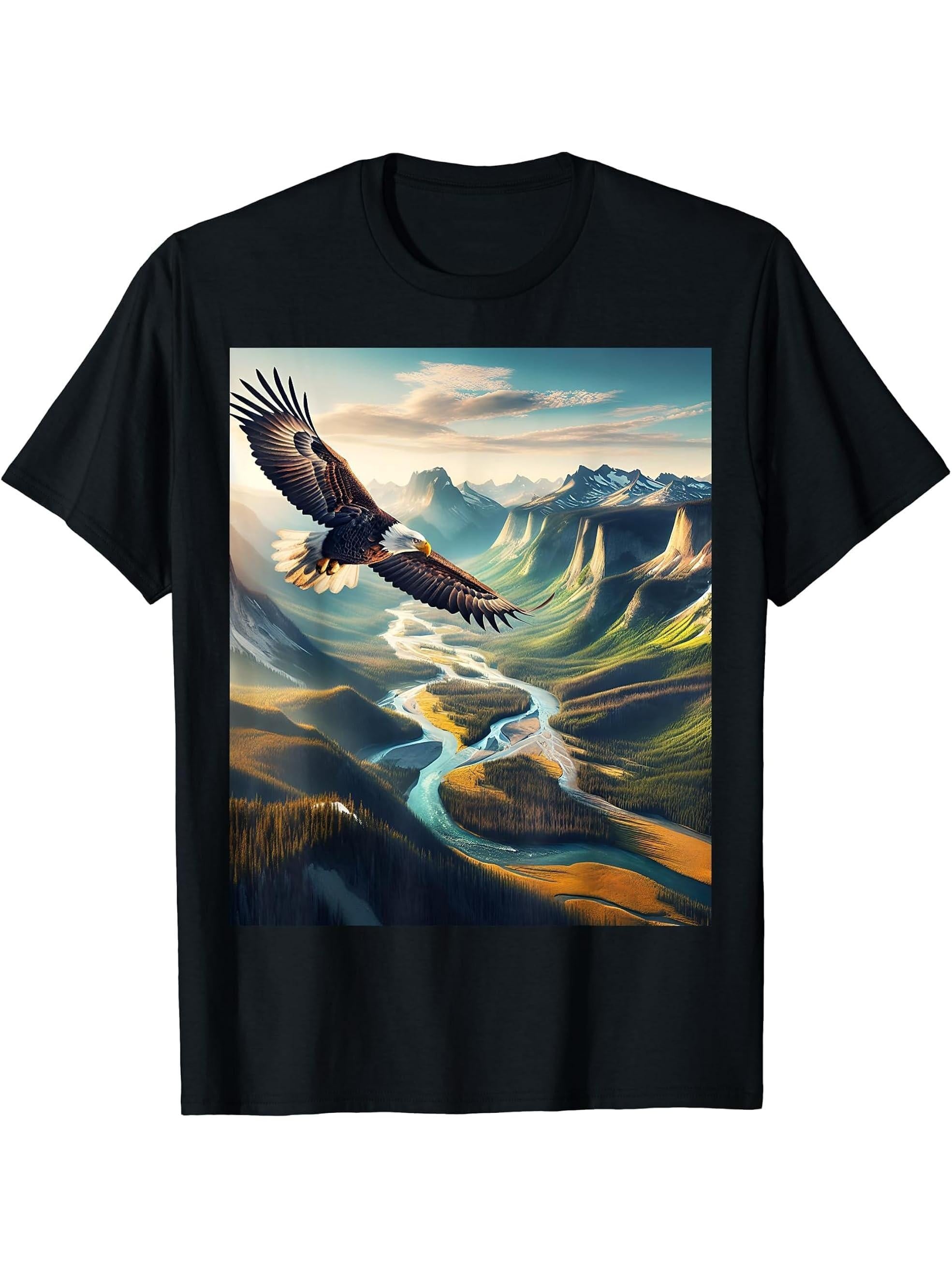 Bald Eagle Over National Park T-Shirt 180G 100% Cotton Printed Round Neck Short-Sleeve T-Shirt, Gifts for Men Dad Husband Grandpa, S-XXXL, Black