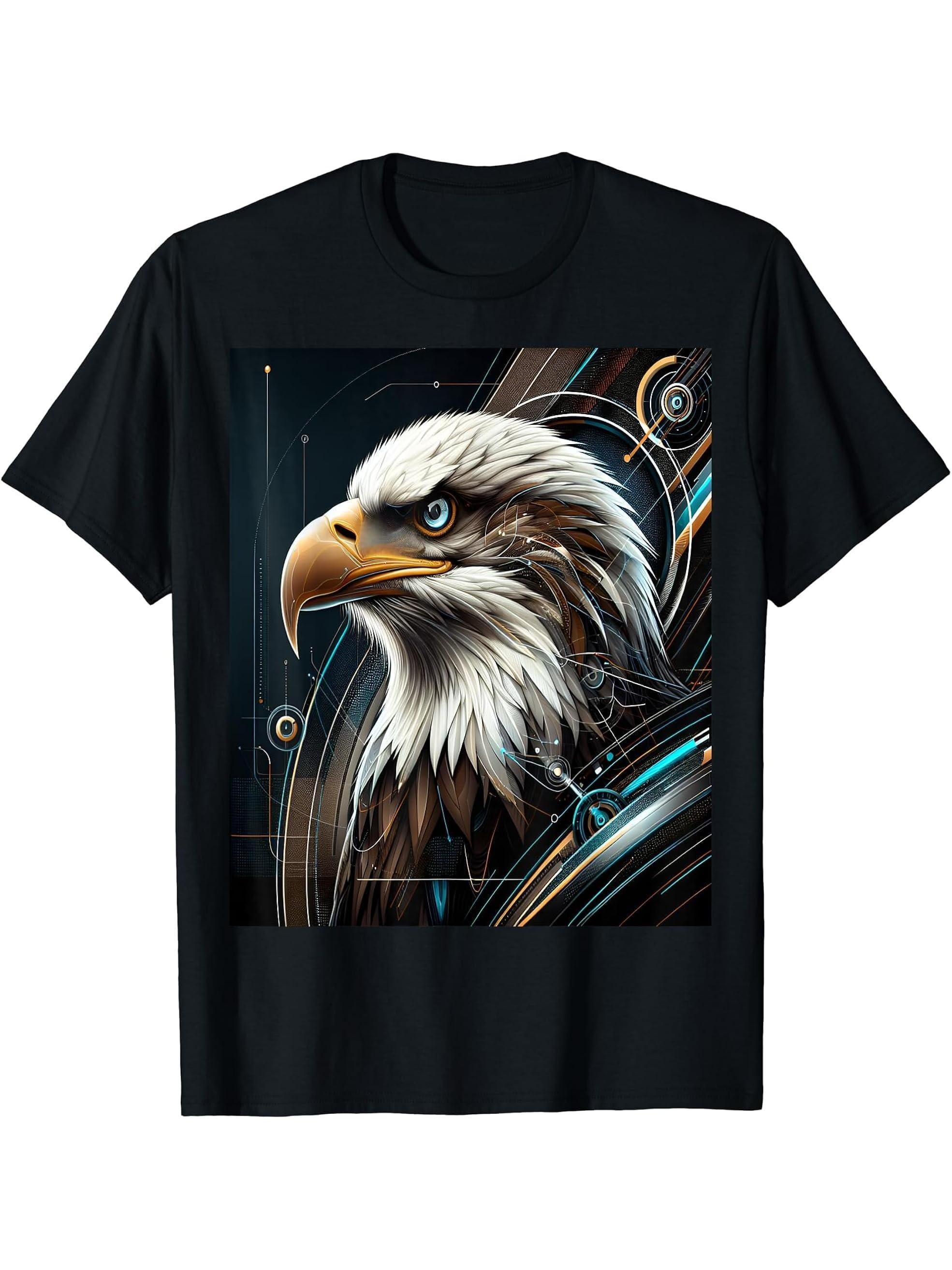 Futuristic Bald Eagle Digital T-Shirt 180G 100% Cotton Printed Round Neck Short-Sleeve T-Shirt, Gifts for Men Dad Husband Grandpa, S-XXXL, Black