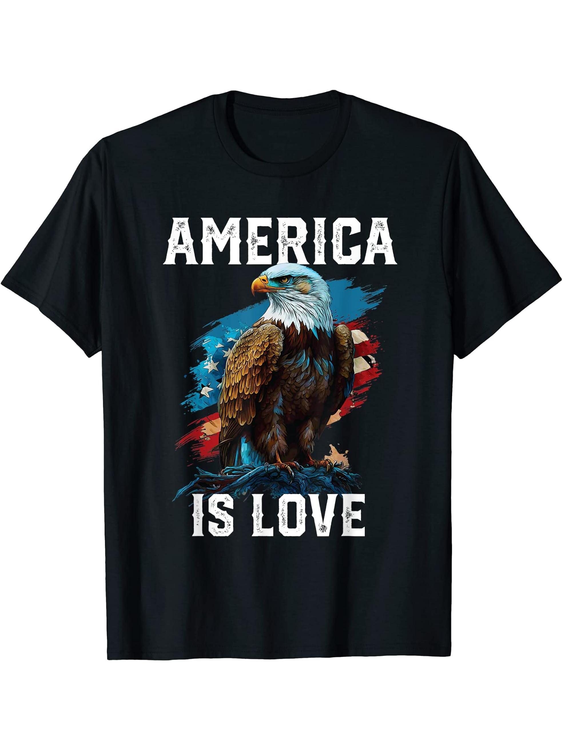 America Is Love American Bald Eagle 4th Of July Patriotic T-Shirt 180G 100% Cotton Printed Round Neck Short-Sleeve T-Shirt, Gifts for Men Dad Husband Grandpa, S-XXXL, Black