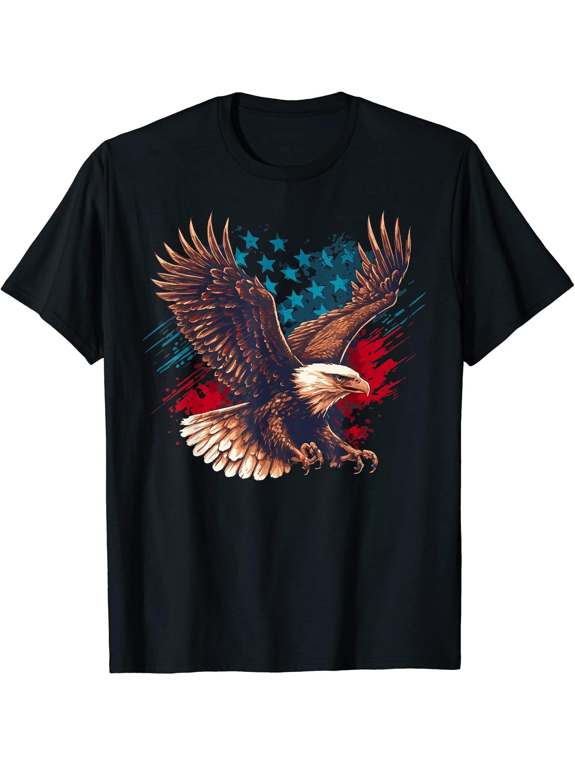 Awesome Bald Eagle USA American Flag America Pride T-Shirt 180G 100% Cotton Printed Round Neck Short-Sleeve T-Shirt, Gifts for Men Dad Husband Grandpa, S-XXXL, Black