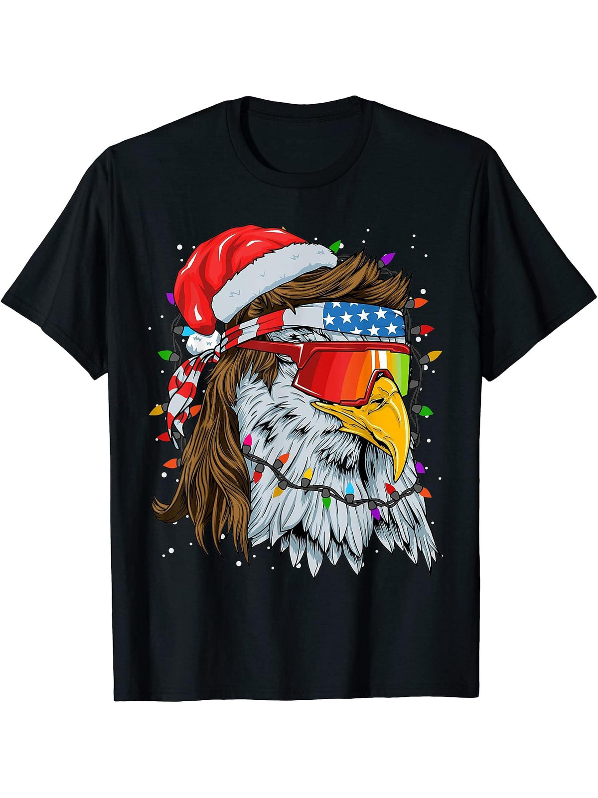 Christmas Bald Eagle Mullet USA Patriotic Christmas Eagle T-Shirt 180G 100% Cotton Printed Round Neck Short-Sleeve T-Shirt, Gifts for Men Dad Husband Grandpa, S-XXXL, Black