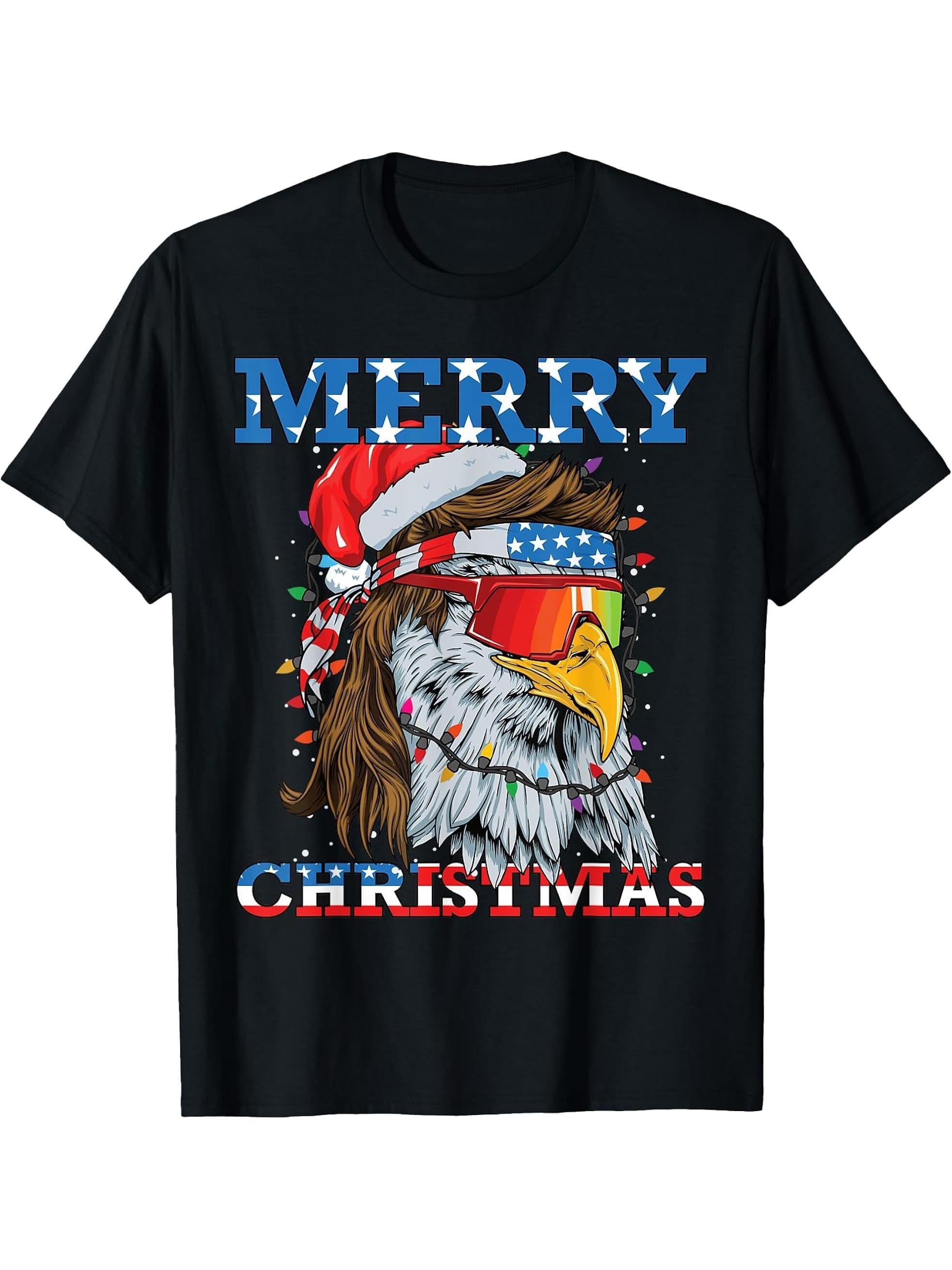 Christmas Bald Eagle Mullet USA Patriotic Christmas Eagle T-Shirt 180G 100% Cotton Printed Round Neck Short-Sleeve T-Shirt, Gifts for Men Dad Husband Grandpa, S-XXXL, Black