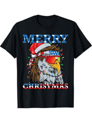Christmas Bald Eagle Mullet USA Patriotic Christmas Eagle T-Shirt 180G 100% Cotton Printed Round Neck Short-Sleeve T-Shirt, Gifts for Men Dad Husband Grandpa, S-XXXL, Black