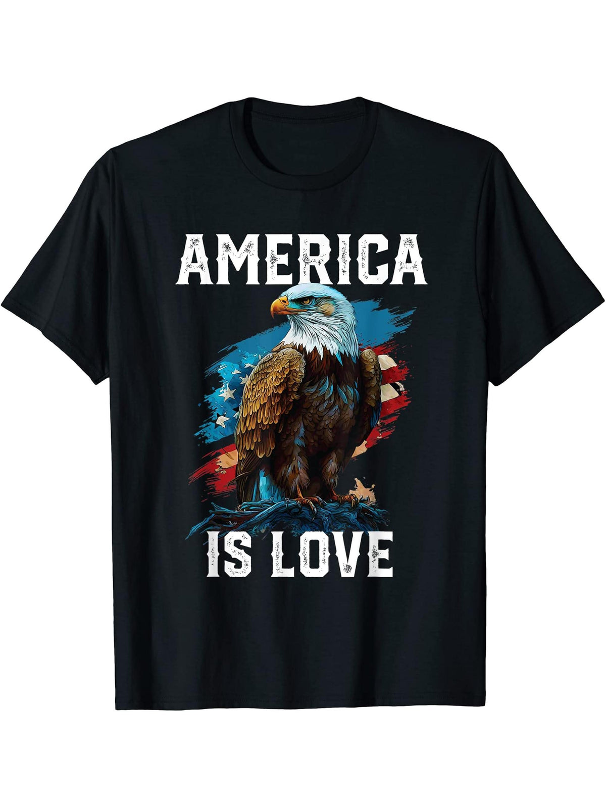 America Is Love American Bald Eagle 4th Of July Patriotic T-Shirt 180G 100% Cotton Printed Round Neck Short-Sleeve T-Shirt, Gifts for Men Dad Husband Grandpa, S-XXXL, Black