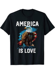 America Is Love American Bald Eagle 4th Of July Patriotic T-Shirt 180G 100% Cotton Printed Round Neck Short-Sleeve T-Shirt, Gifts for Men Dad Husband Grandpa, S-XXXL, Black