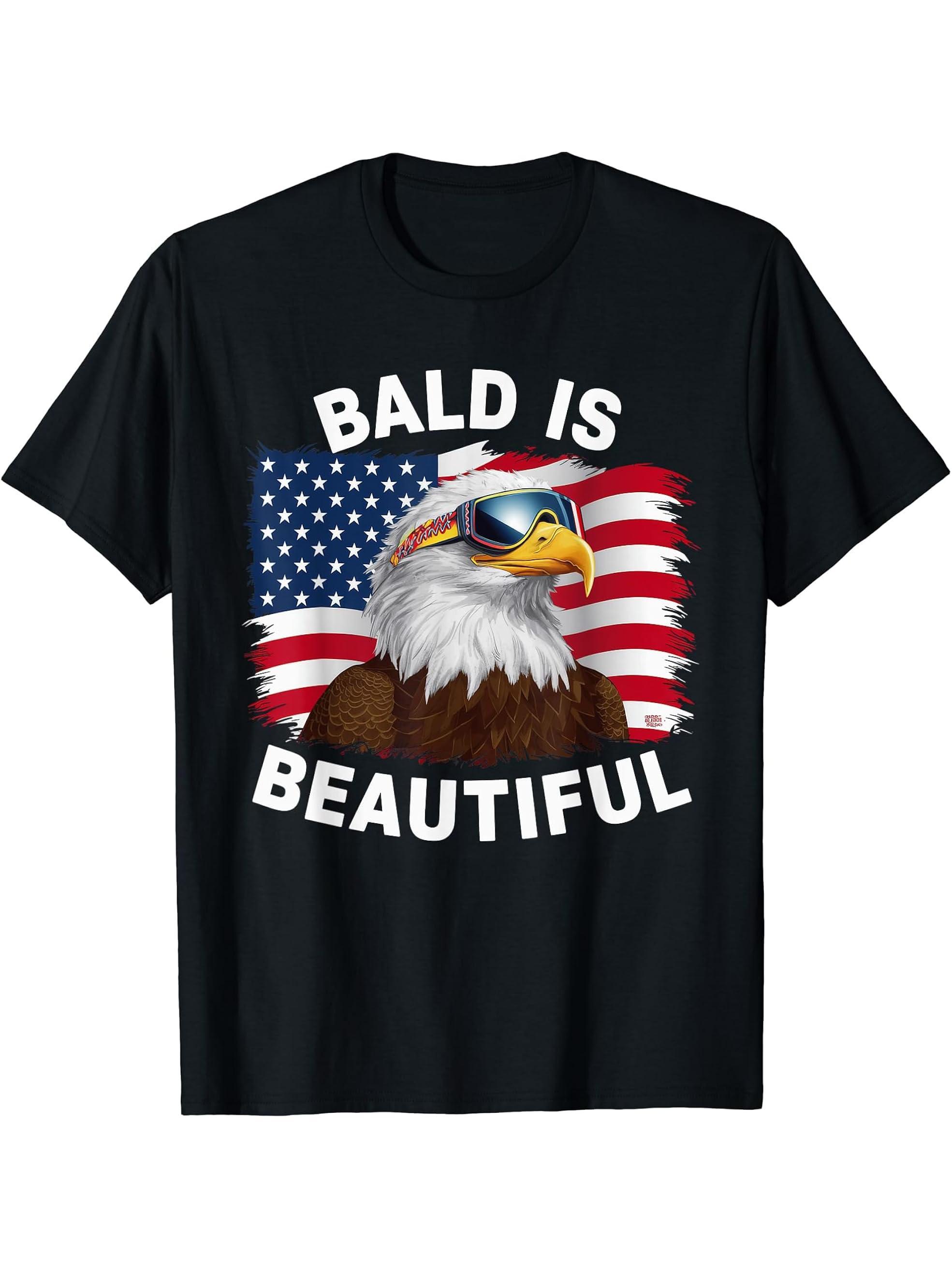 Bald Eagle Bald Is Beautiful 4th of July Independence Day T-Shirt 180G 100% Cotton Printed Round Neck Short-Sleeve T-Shirt, Gifts for Men Dad Husband Grandpa, S-XXXL, Black