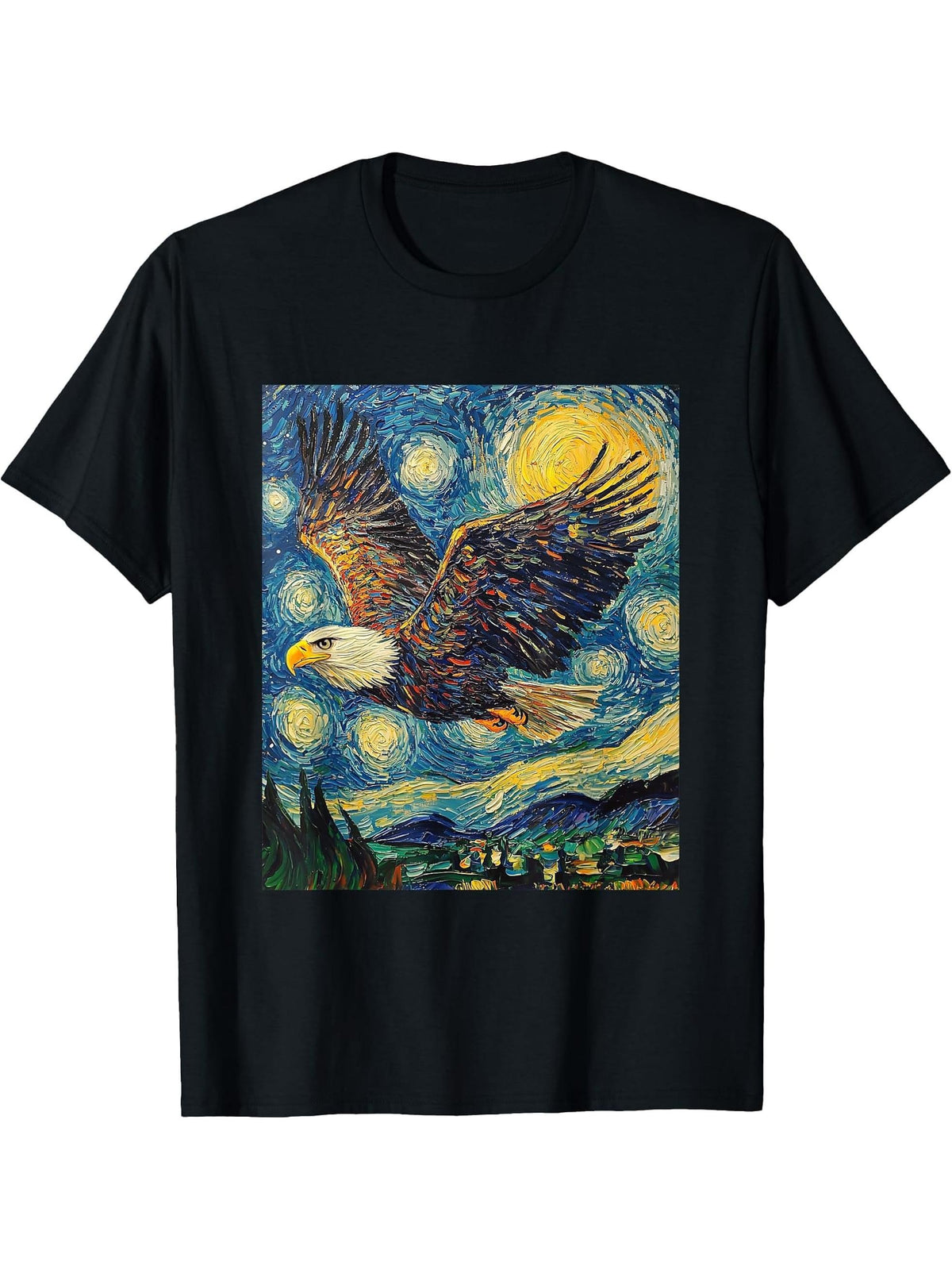 Bald Eagle Bird - Van Gogh Style - Starry Night T-Shirt 180G 100% Cotton Printed Round Neck Short-Sleeve T-Shirt, Gifts for Men Dad Husband Grandpa, S-XXXL, Black