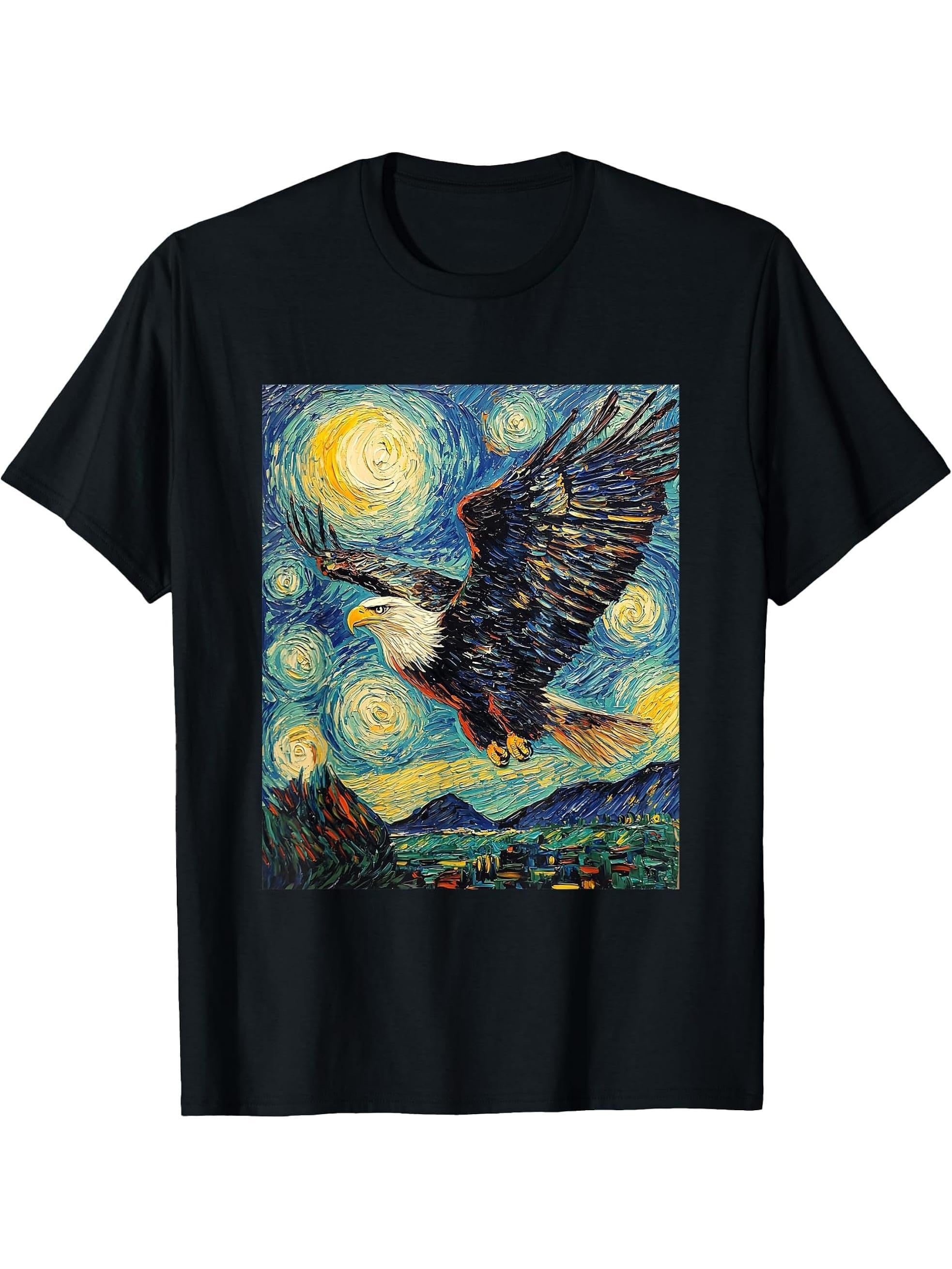 Bald Eagle Bird - Van Gogh Style - Starry Night T-Shirt 180G 100% Cotton Printed Round Neck Short-Sleeve T-Shirt, Gifts for Men Dad Husband Grandpa, S-XXXL, Black