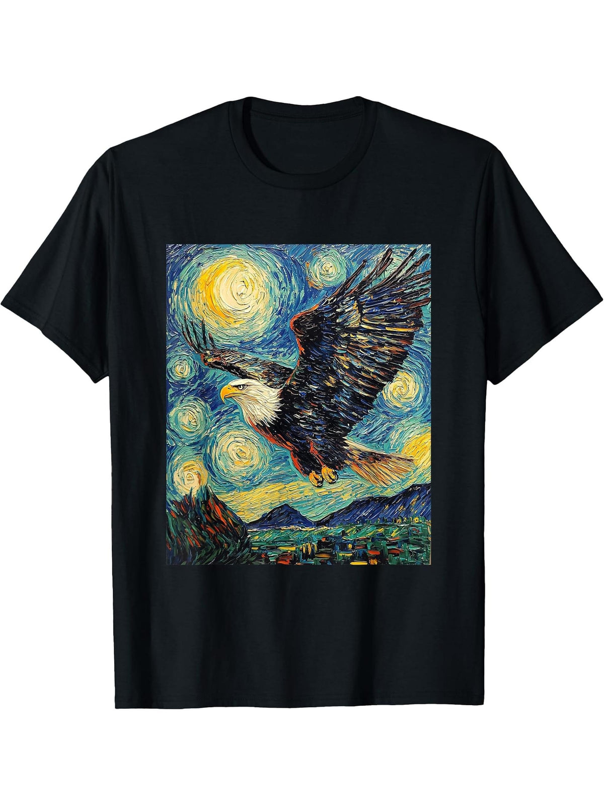 Bald Eagle Bird - Van Gogh Style - Starry Night T-Shirt 180G 100% Cotton Printed Round Neck Short-Sleeve T-Shirt, Gifts for Men Dad Husband Grandpa, S-XXXL, Black