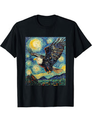 Bald Eagle Bird - Van Gogh Style - Starry Night T-Shirt 180G 100% Cotton Printed Round Neck Short-Sleeve T-Shirt, Gifts for Men Dad Husband Grandpa, S-XXXL, Black