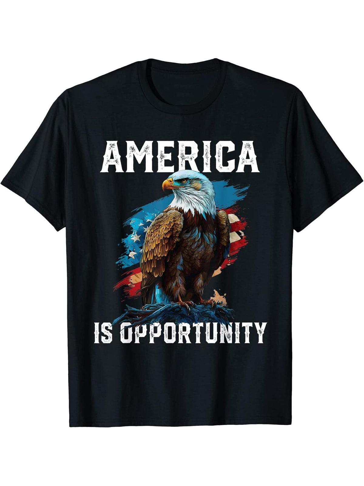 America Is Opportunity American Bald Eagle July 4 Patriotic T-Shirt 180G 100% Cotton Printed Round Neck Short-Sleeve T-Shirt, Gifts for Men Dad Husband Grandpa, S-XXXL, Black