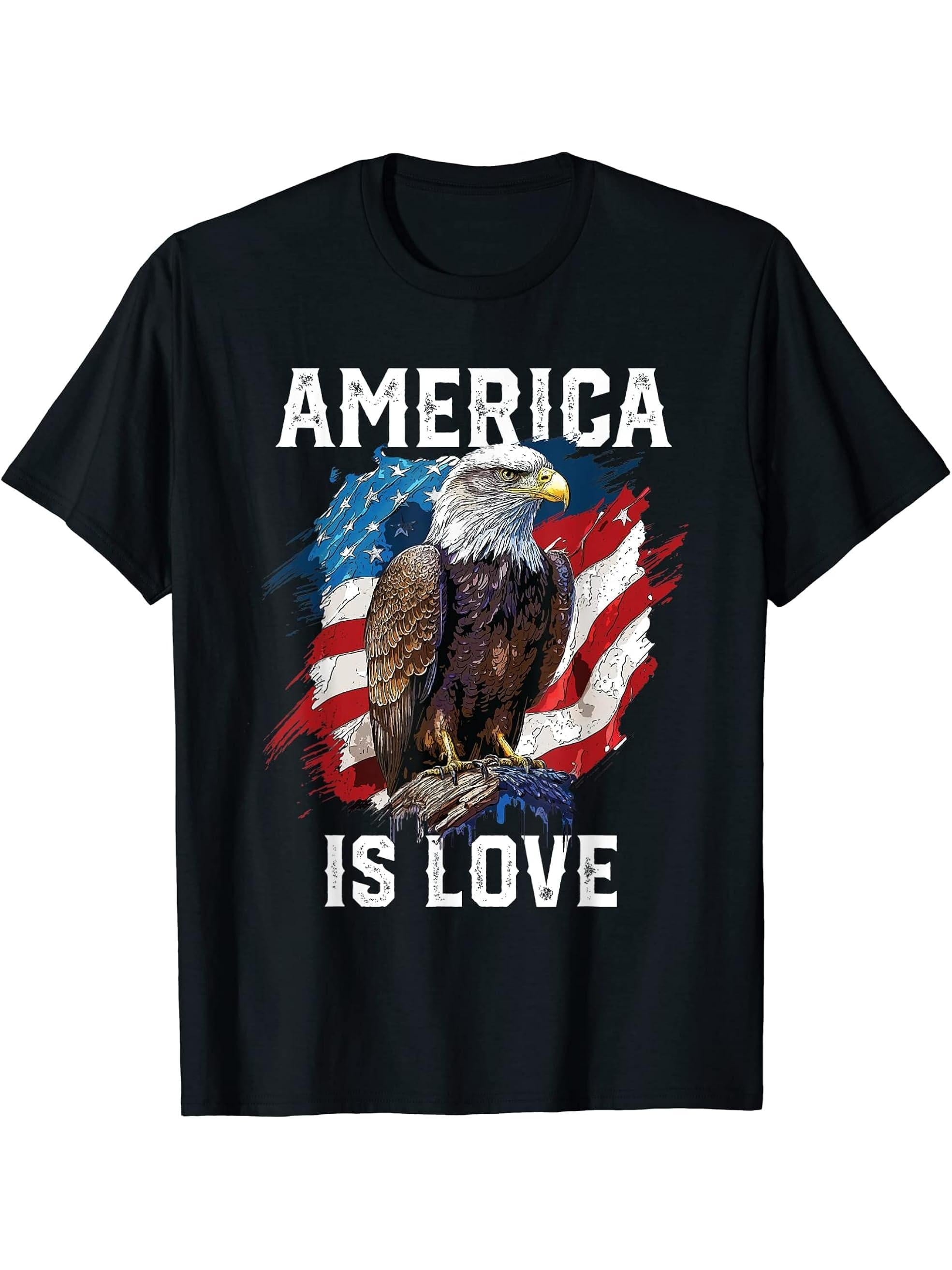America Is Love American Bald Eagle 4th Of July Patriotic T-Shirt 180G 100% Cotton Printed Round Neck Short-Sleeve T-Shirt, Gifts for Men Dad Husband Grandpa, S-XXXL, Black