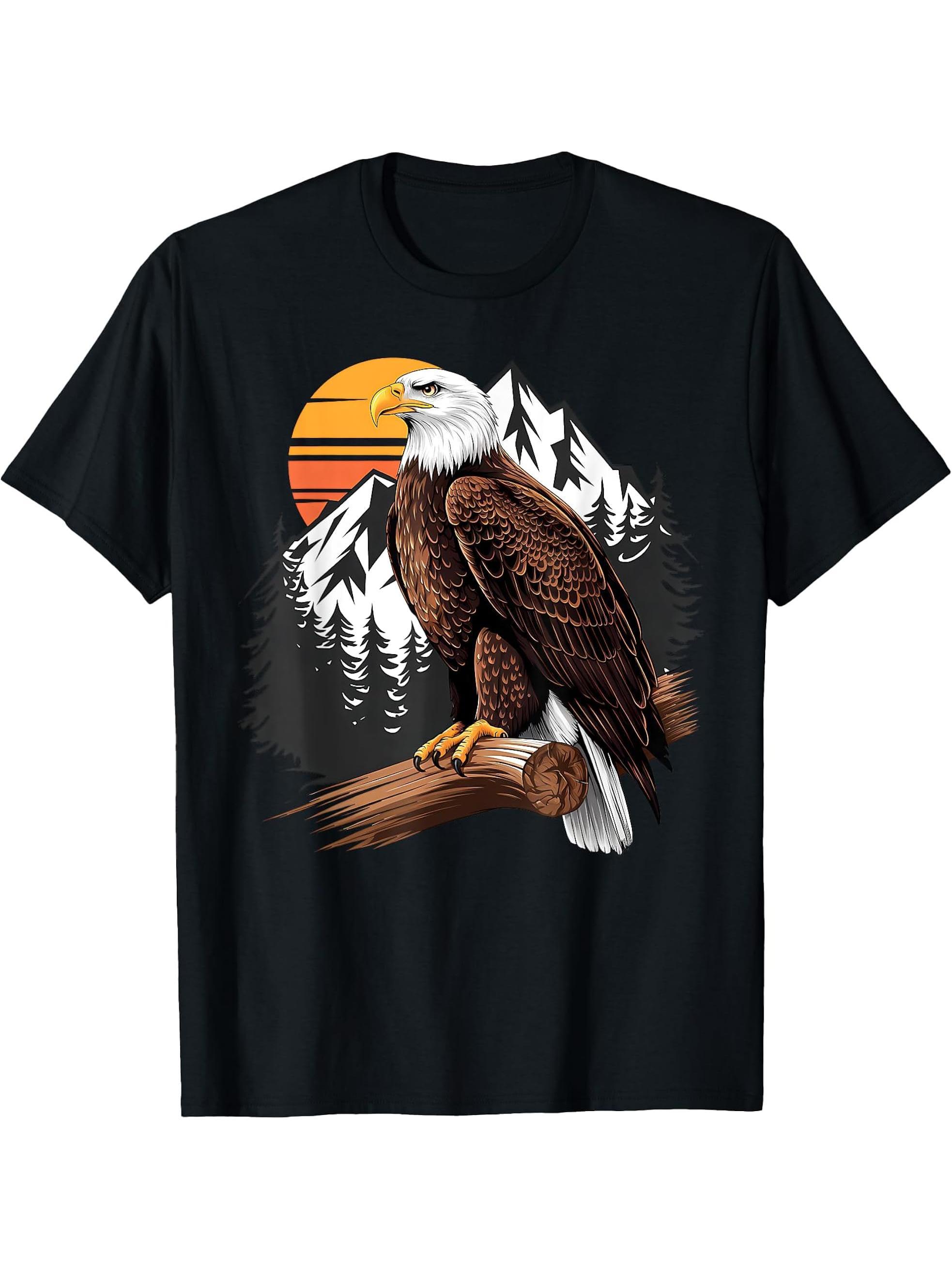 Bald Eagle Design Forest Animal American Tree Art Graphic T-Shirt 180G 100% Cotton Printed Round Neck Short-Sleeve T-Shirt, Gifts for Men Dad Husband Grandpa, S-XXXL, Black