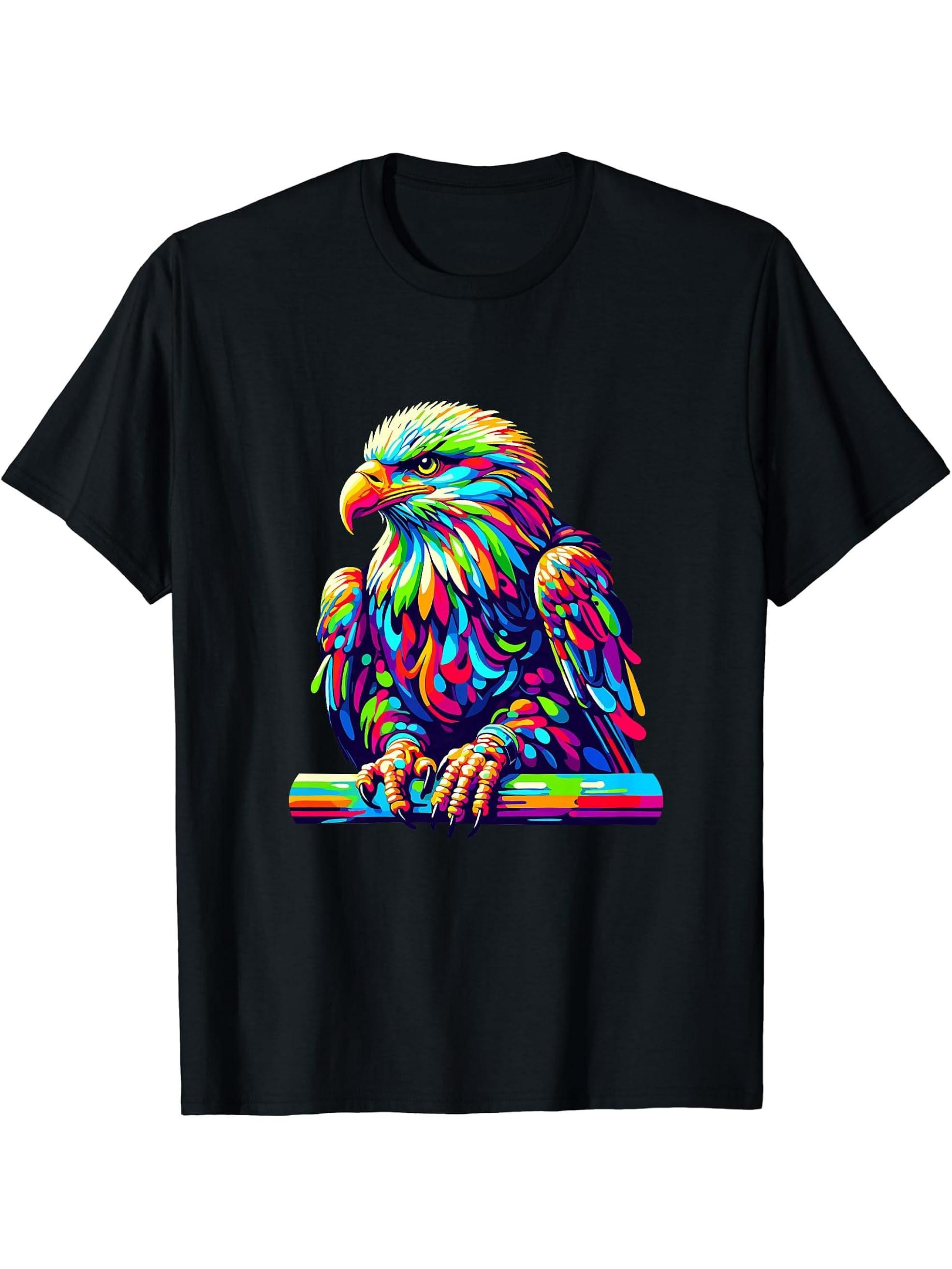 Colorful Pop Art Bald Eagle Bald Eagles T-Shirt 180G 100% Cotton Printed Round Neck Short-Sleeve T-Shirt, Gifts for Men Dad Husband Grandpa, S-XXXL, Black