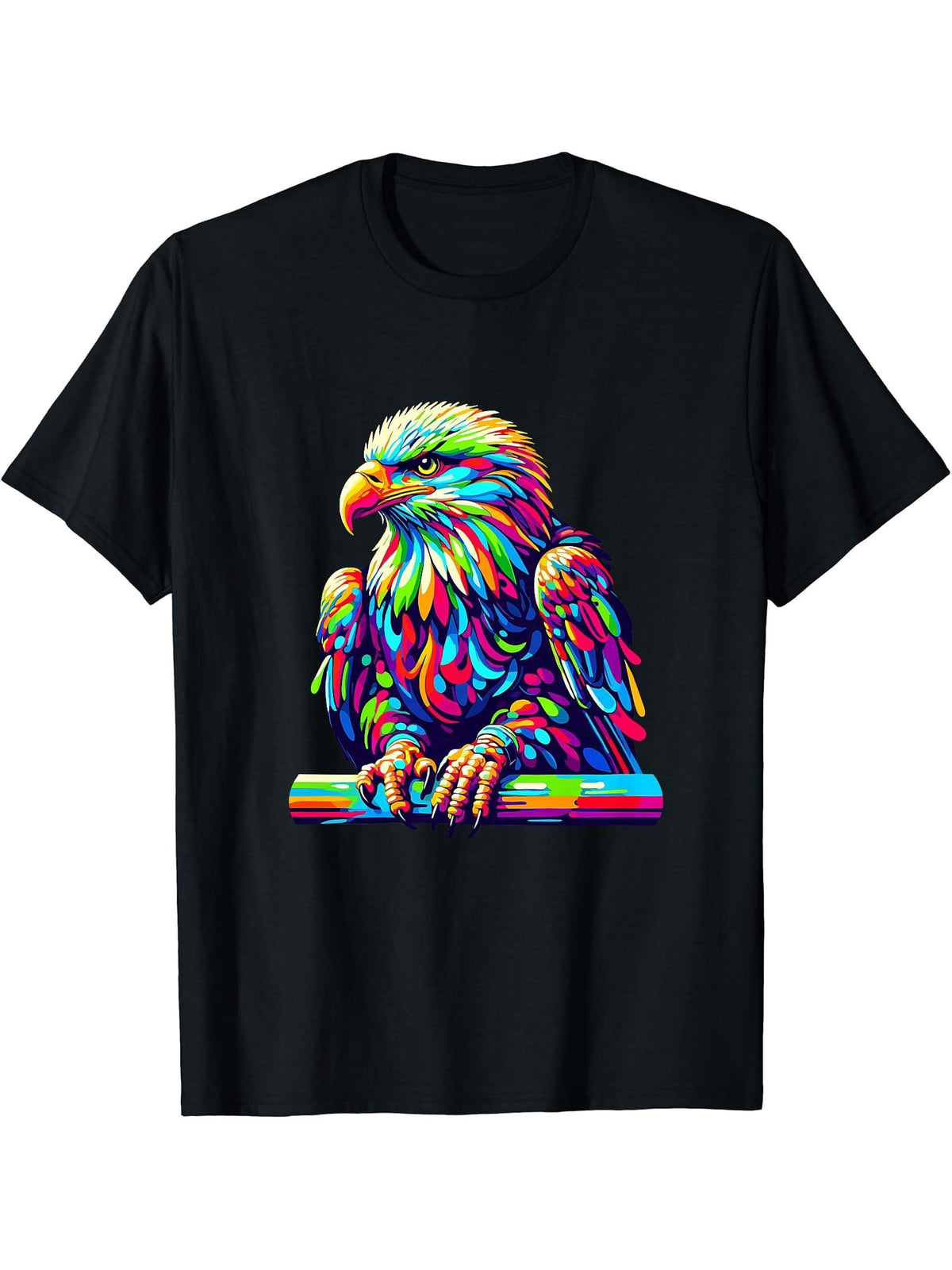 Colorful Pop Art Bald Eagle Bald Eagles T-Shirt 180G 100% Cotton Printed Round Neck Short-Sleeve T-Shirt, Gifts for Men Dad Husband Grandpa, S-XXXL, Black