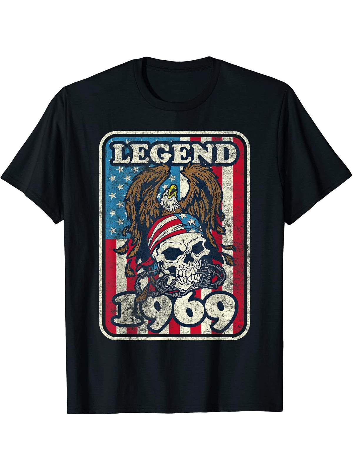Birthday Legend 1969 Bald Eagle Skull American Flag USA T-Shirt 180G 100% Cotton Printed Round Neck Short-Sleeve T-Shirt, Gifts for Men Dad Husband Grandpa, S-XXXL, Black