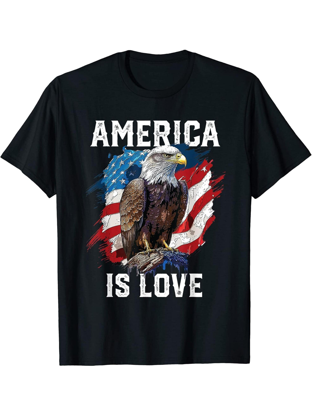 America Is Love American Bald Eagle 4th Of July Patriotic T-Shirt 180G 100% Cotton Printed Round Neck Short-Sleeve T-Shirt, Gifts for Men Dad Husband Grandpa, S-XXXL, Black