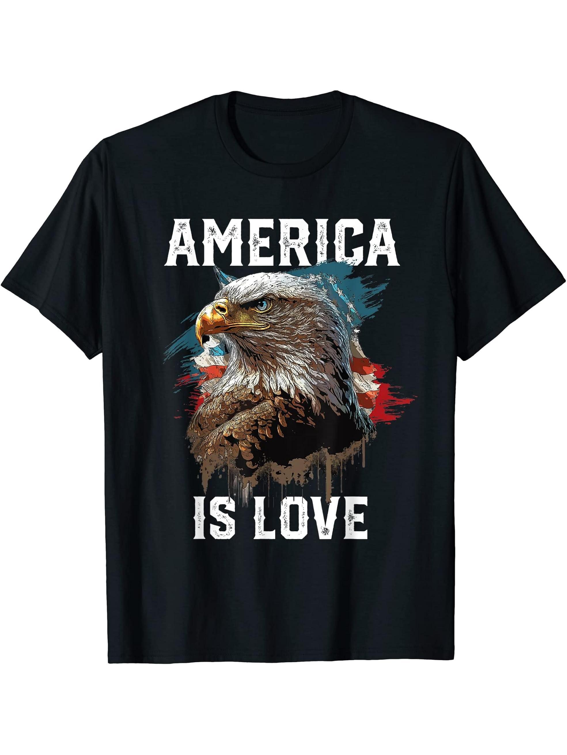 America Is Love American Bald Eagle 4th Of July Patriotic T-Shirt 180G 100% Cotton Printed Round Neck Short-Sleeve T-Shirt, Gifts for Men Dad Husband Grandpa, S-XXXL, Black