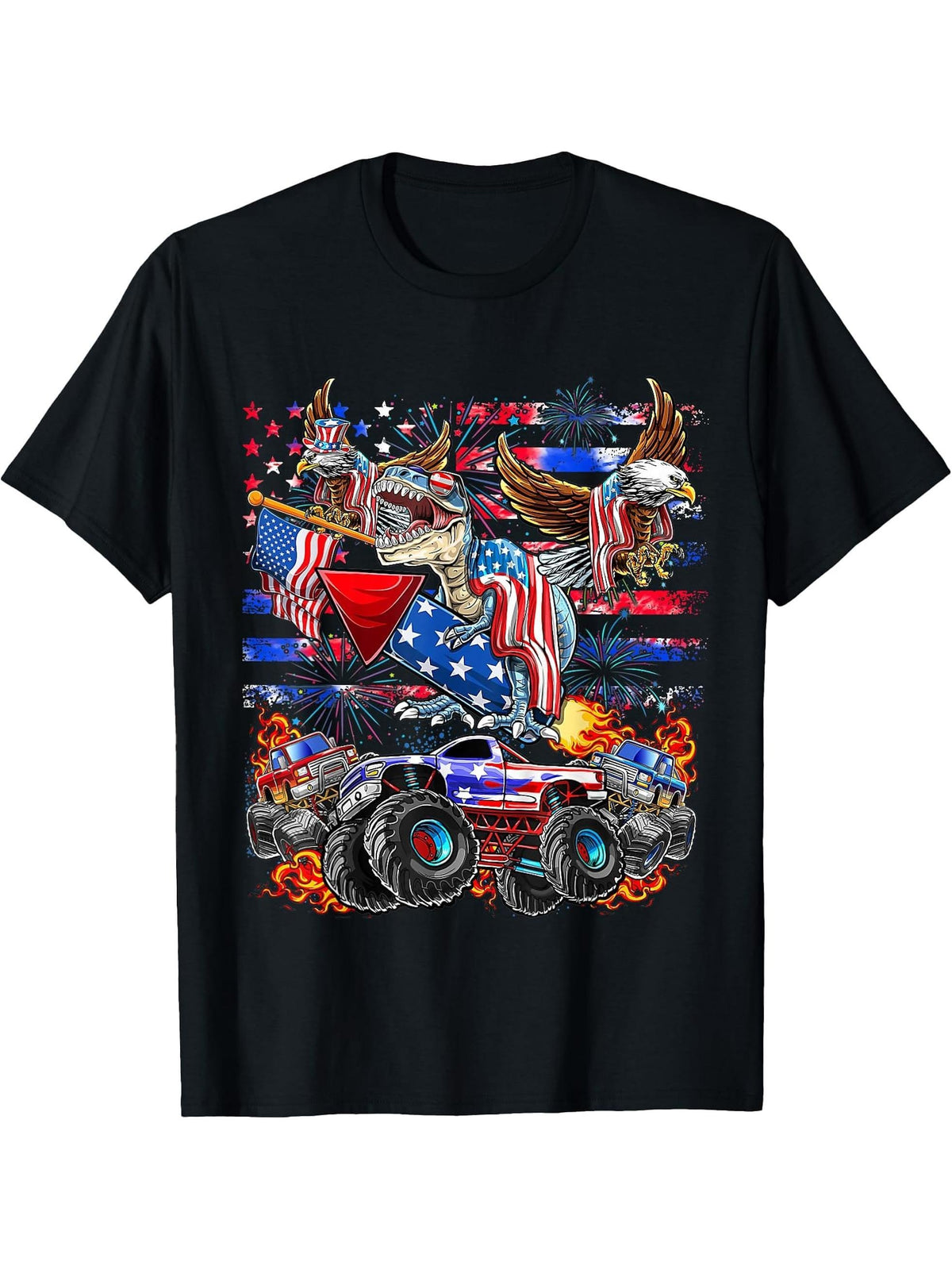 4th of July Dinosaur Monster Truck Bald Eagle American Flag T-Shirt 180G 100% Cotton Printed Round Neck Short-Sleeve T-Shirt, Gifts for Men Dad Husband Grandpa, S-XXXL, Black