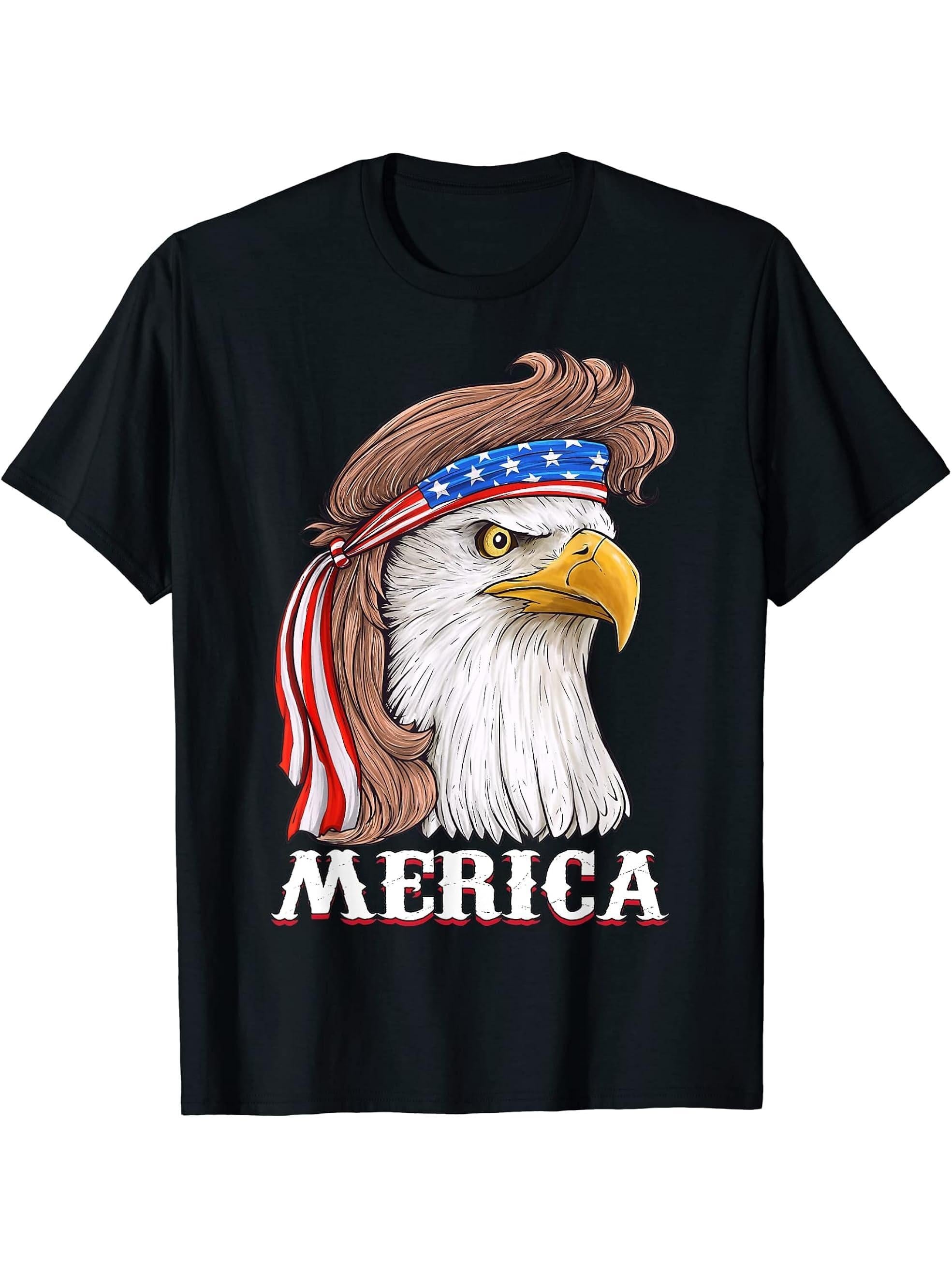 Bald Eagle Mullet 4th Of July American Flag Merica T-Shirt 180G 100% Cotton Printed Round Neck Short-Sleeve T-Shirt, Gifts for Men Dad Husband Grandpa, S-XXXL, Black
