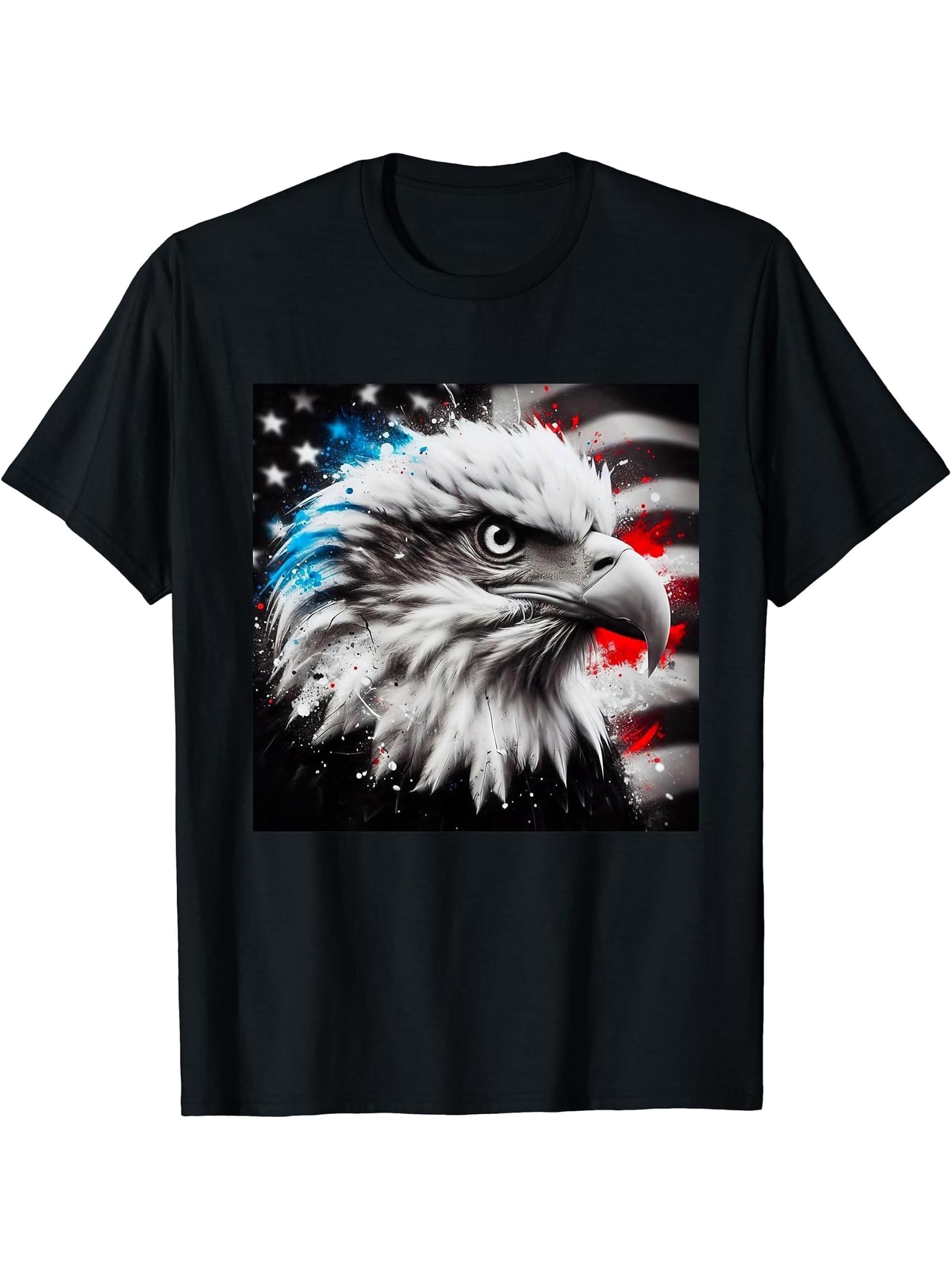 Freedom Soars USA, national bird patriotic design Bald Eagle T-Shirt 180G 100% Cotton Printed Round Neck Short-Sleeve T-Shirt, Gifts for Men Dad Husband Grandpa, S-XXXL, Black