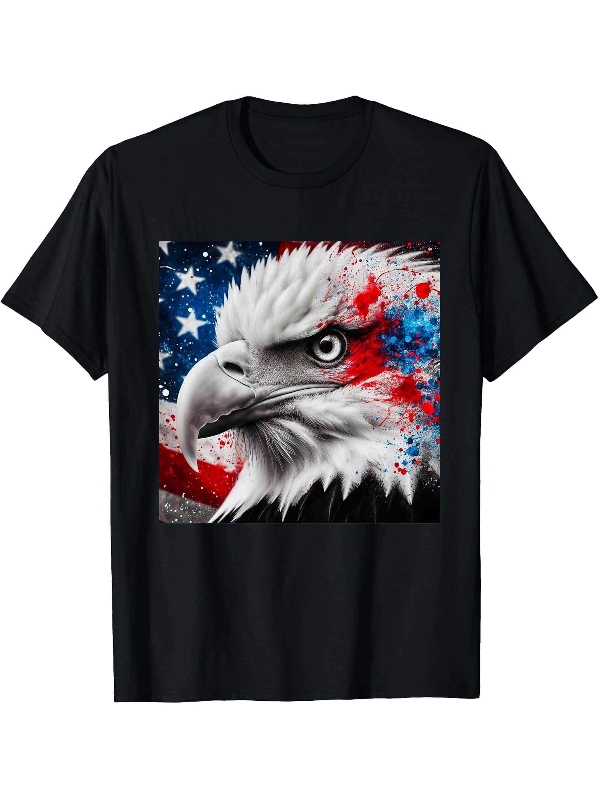 Freedom Soars USA, national bird patriotic design Bald Eagle T-Shirt 180G 100% Cotton Printed Round Neck Short-Sleeve T-Shirt, Gifts for Men Dad Husband Grandpa, S-XXXL, Black