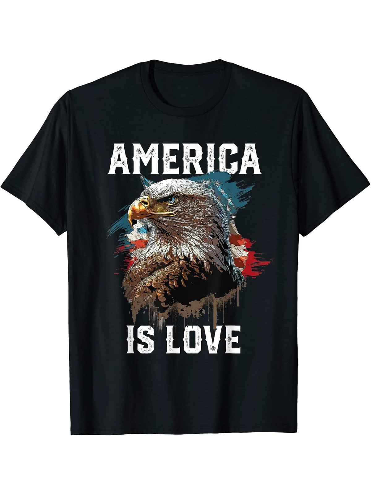 America Is Love American Bald Eagle 4th Of July Patriotic T-Shirt 180G 100% Cotton Printed Round Neck Short-Sleeve T-Shirt, Gifts for Men Dad Husband Grandpa, S-XXXL, Black